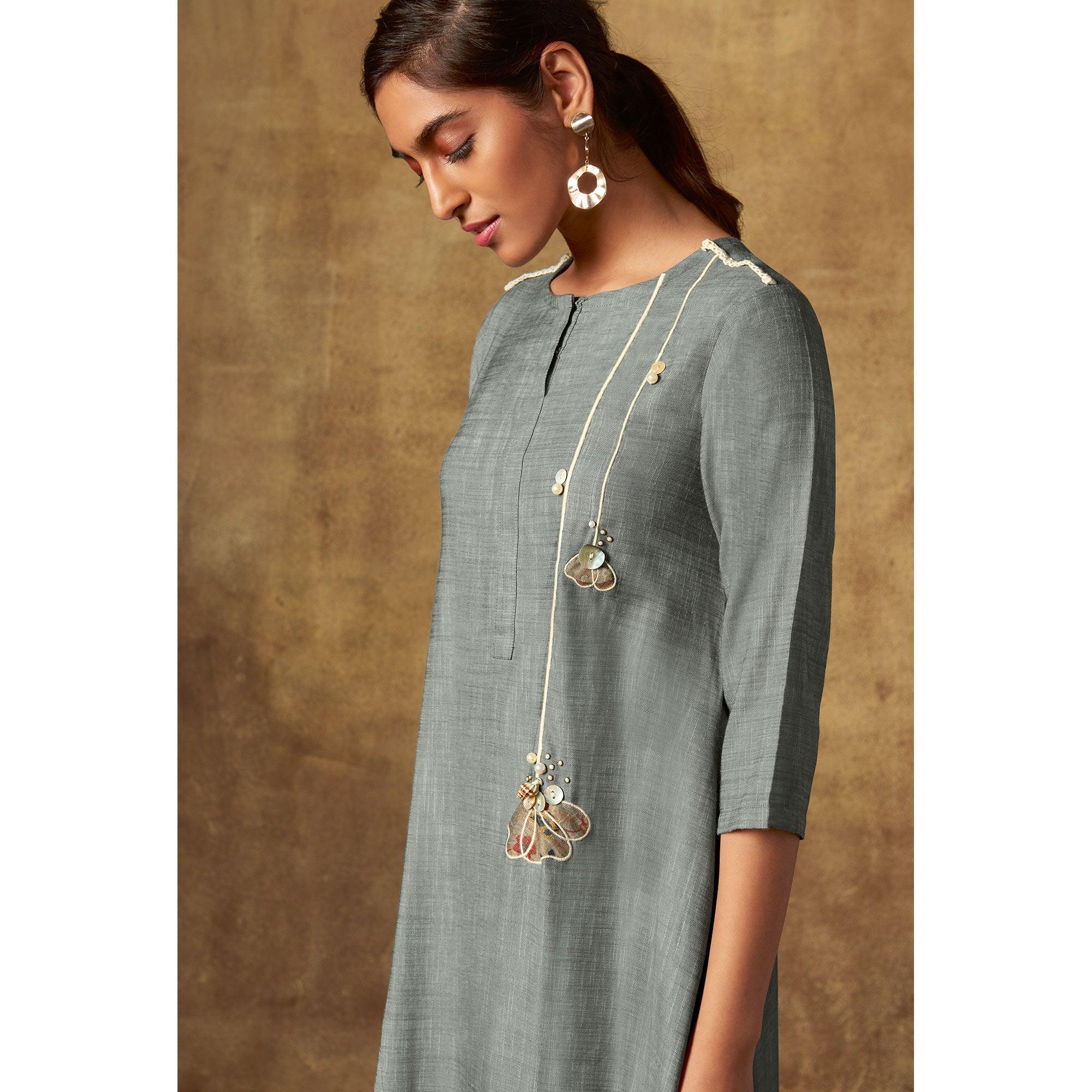 Exotic Grey Colored Party Wear Embroidered Viscose Long Kurti - Peachmode