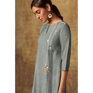 Exotic Grey Colored Party Wear Embroidered Viscose Long Kurti - Peachmode