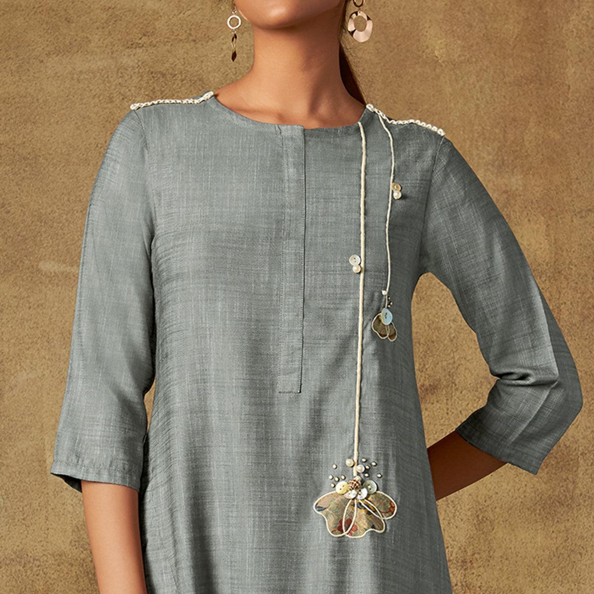 Exotic Grey Colored Party Wear Embroidered Viscose Long Kurti - Peachmode