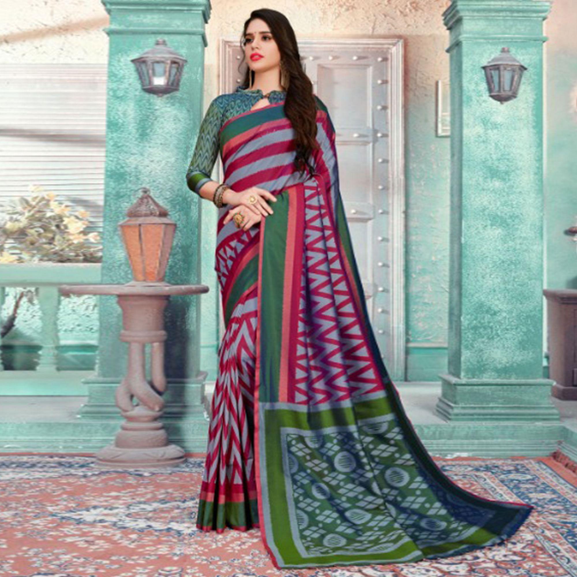 Exotic Grey-Maroon Colored Festive Wear Printed Cotton Silk Saree With Tassels - Peachmode