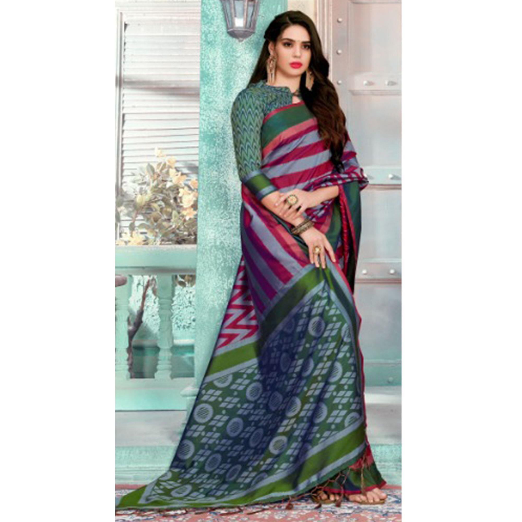 Exotic Grey-Maroon Colored Festive Wear Printed Cotton Silk Saree With Tassels - Peachmode