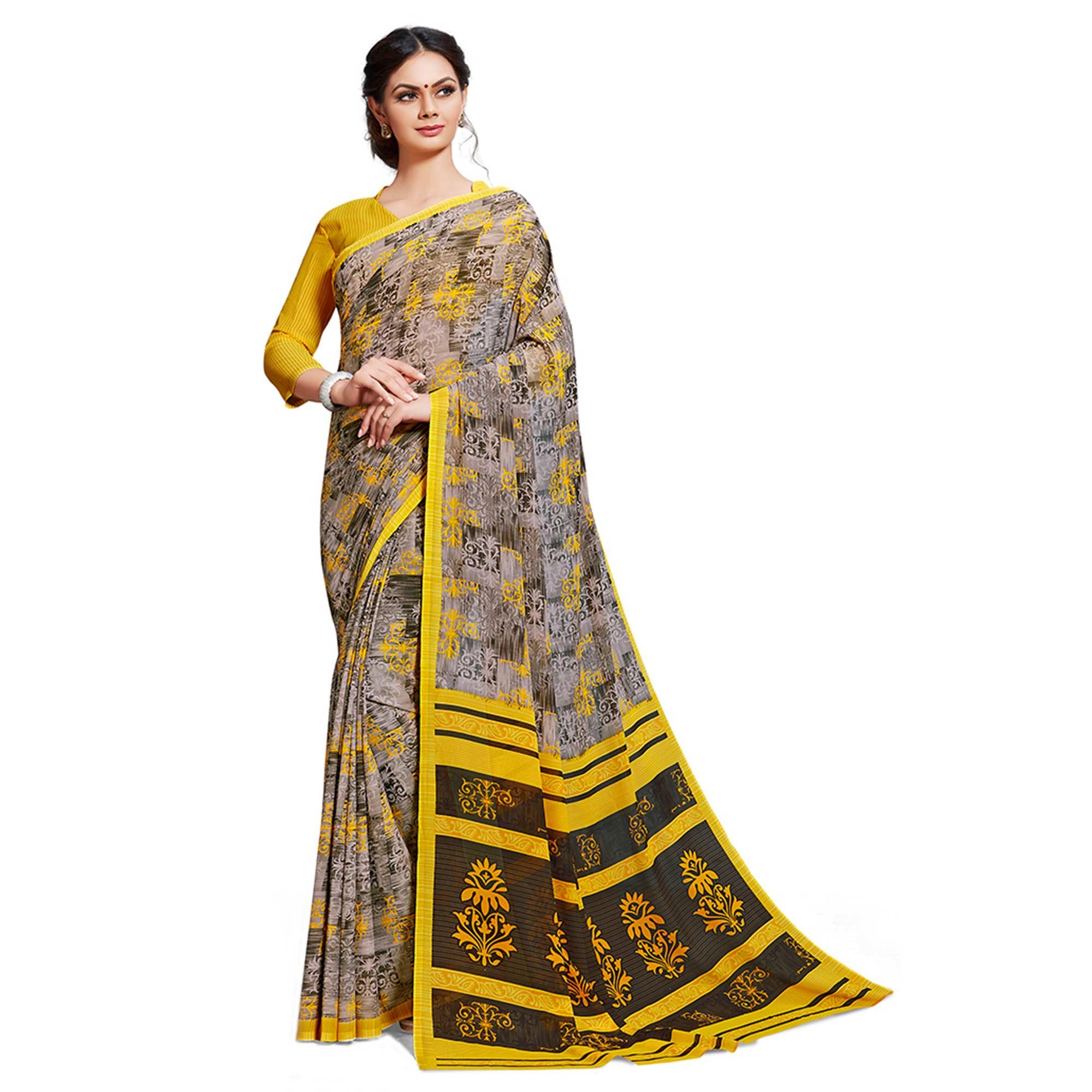 Exotic Grey-Yellow Colored Casual Printed Georgette Saree - Peachmode