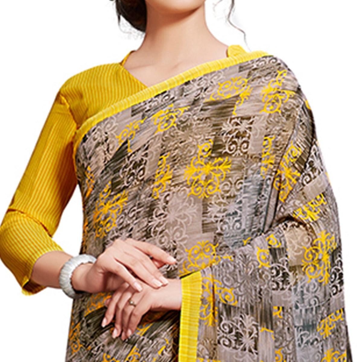 Exotic Grey-Yellow Colored Casual Printed Georgette Saree - Peachmode