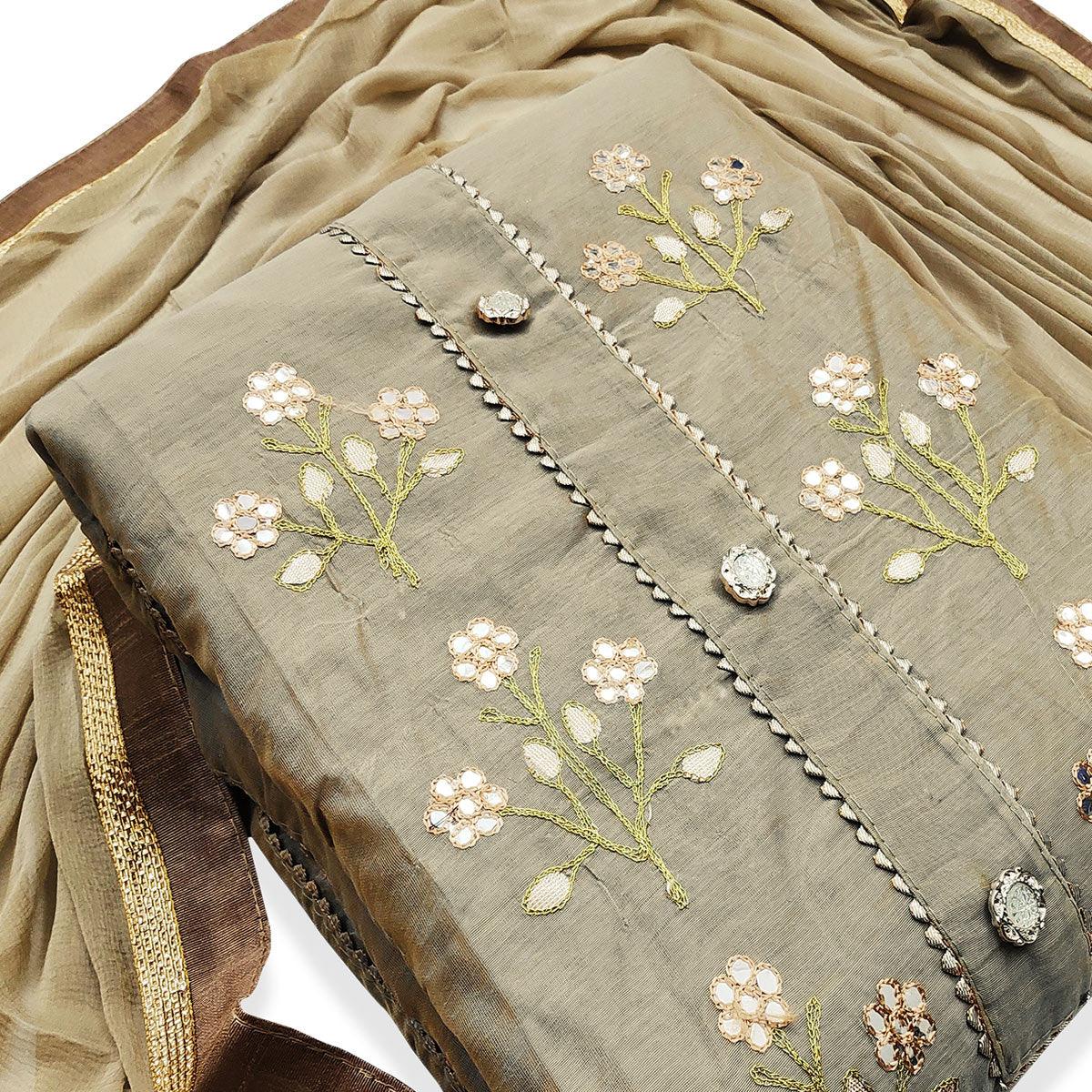 Exotic Light Brown Colored Casual Wear Embroidered Modal Dress Material - Peachmode