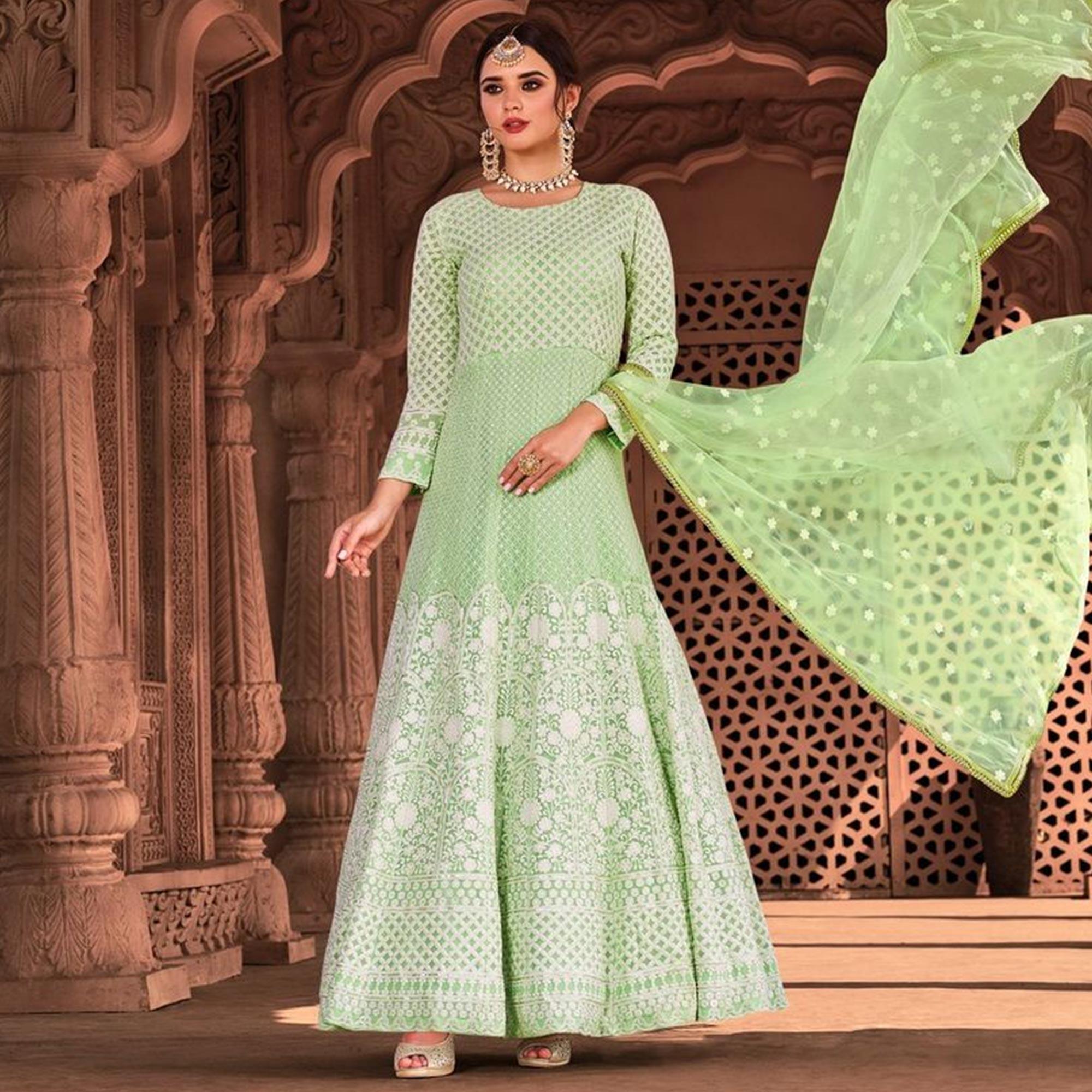 Exotic Light Green Colored Partywear Embroidered Pure Viscose Georgette Anarkali Suit - Peachmode
