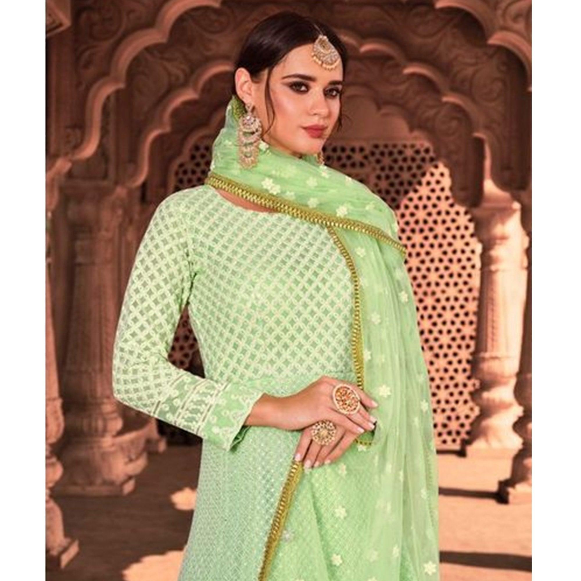 Exotic Light Green Colored Partywear Embroidered Pure Viscose Georgette Anarkali Suit - Peachmode