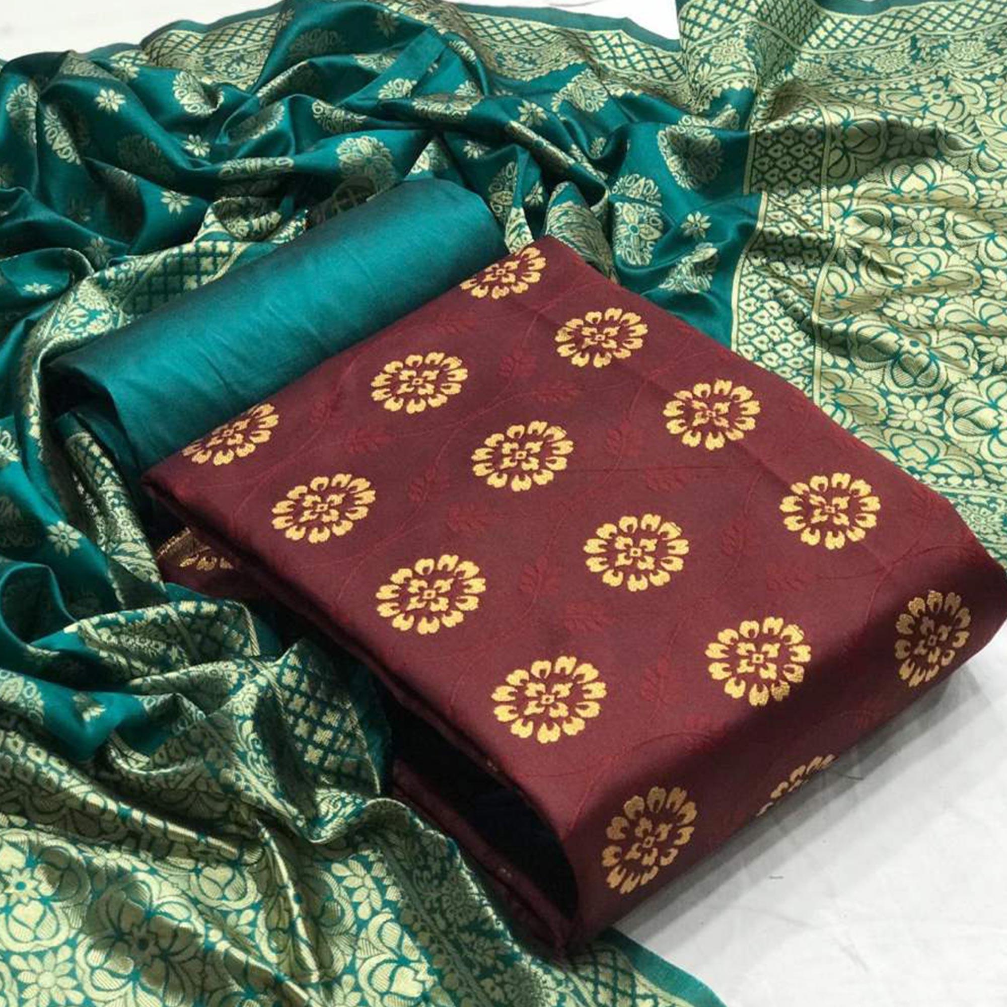 Exotic Maroon Colored Casual Wear Banarasi Silk Dress Material - Peachmode