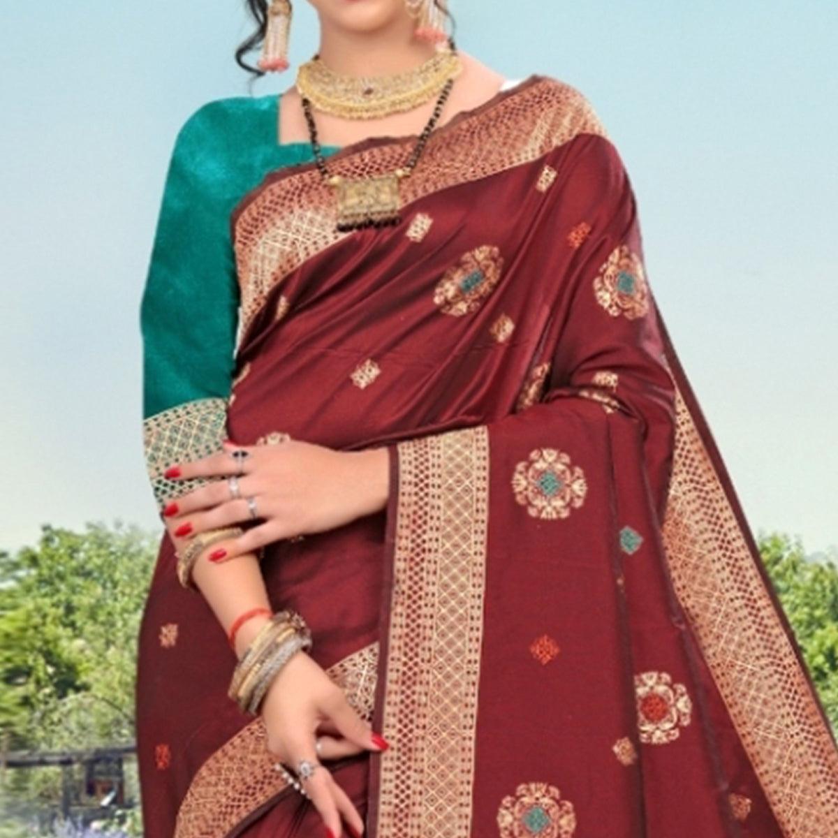 Exotic Maroon Colored Festive Wear Woven Lichi Silk Saree - Peachmode