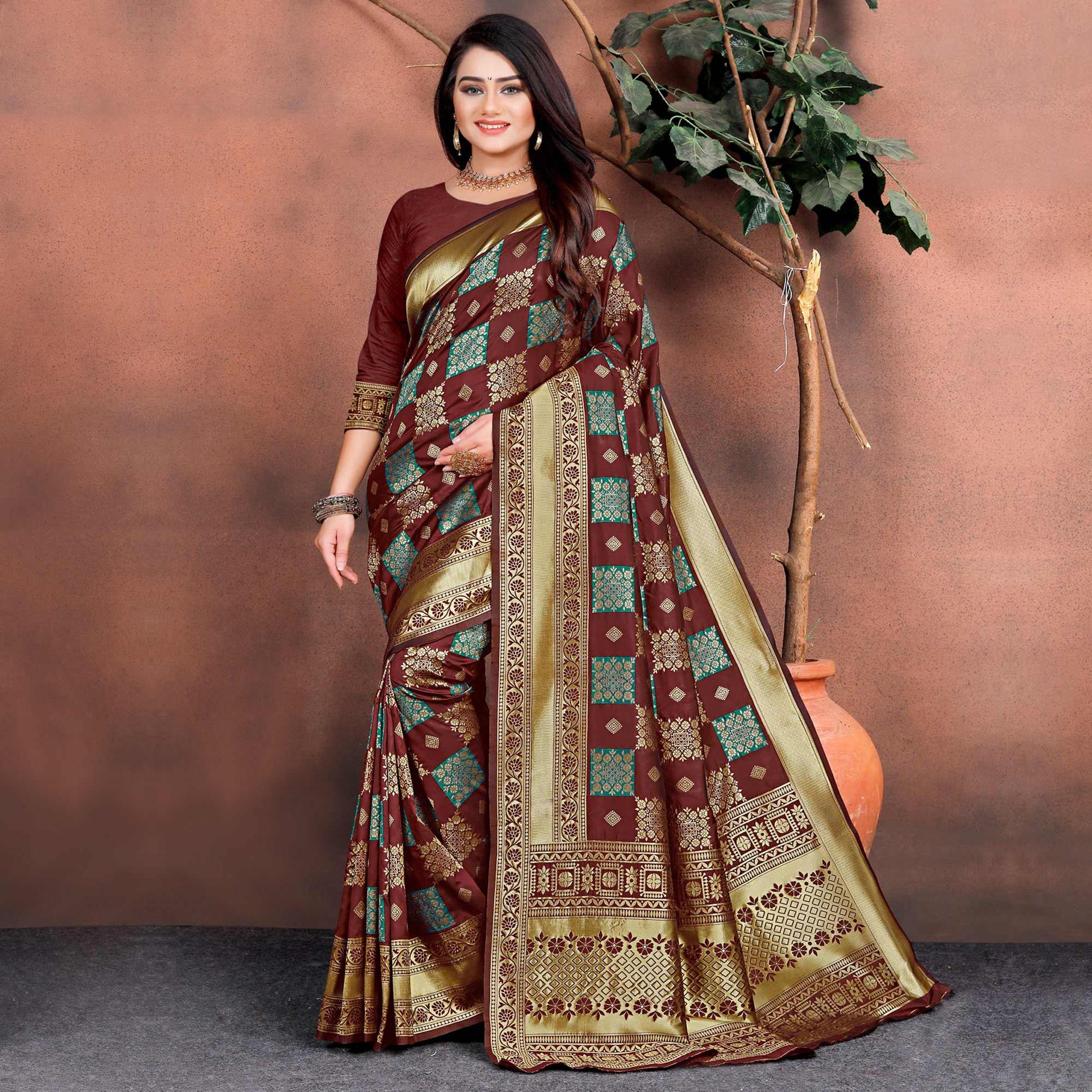 Exotic Maroon Colored Festive Wear Woven Silk Saree - Peachmode