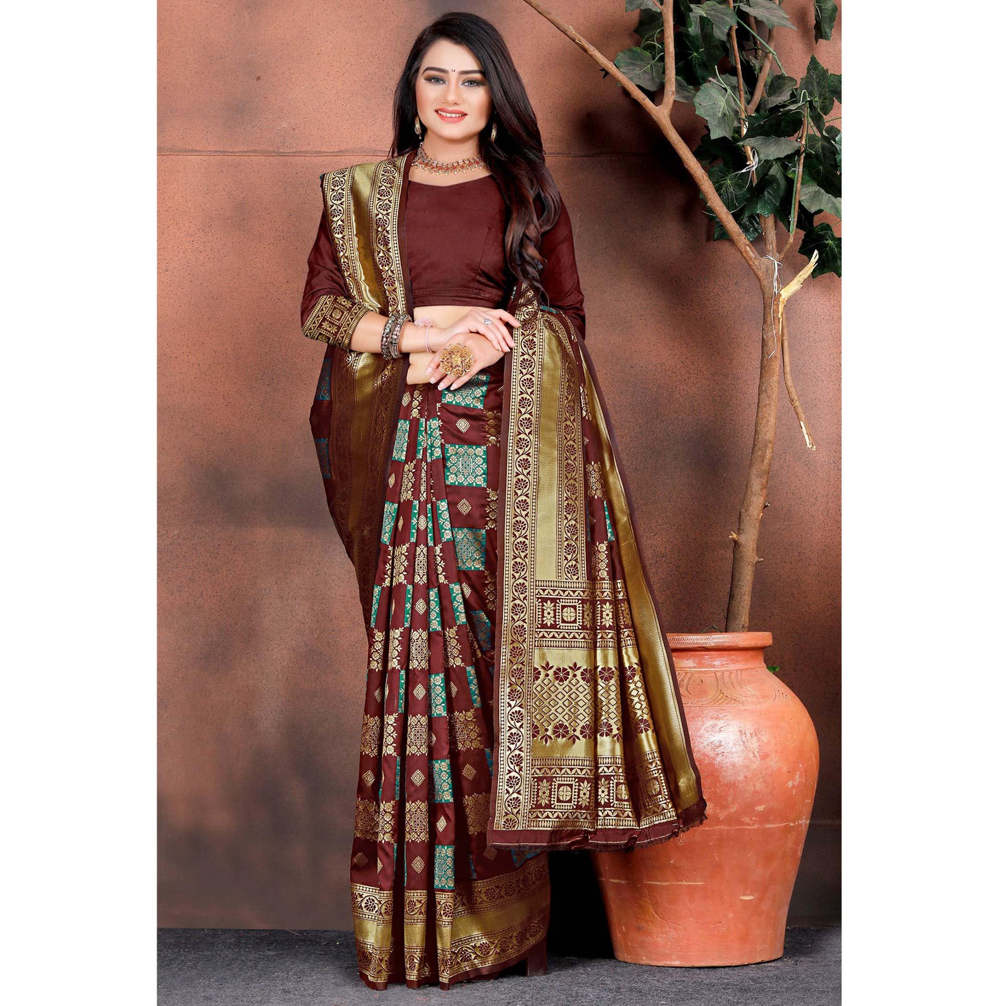 Exotic Maroon Colored Festive Wear Woven Silk Saree - Peachmode