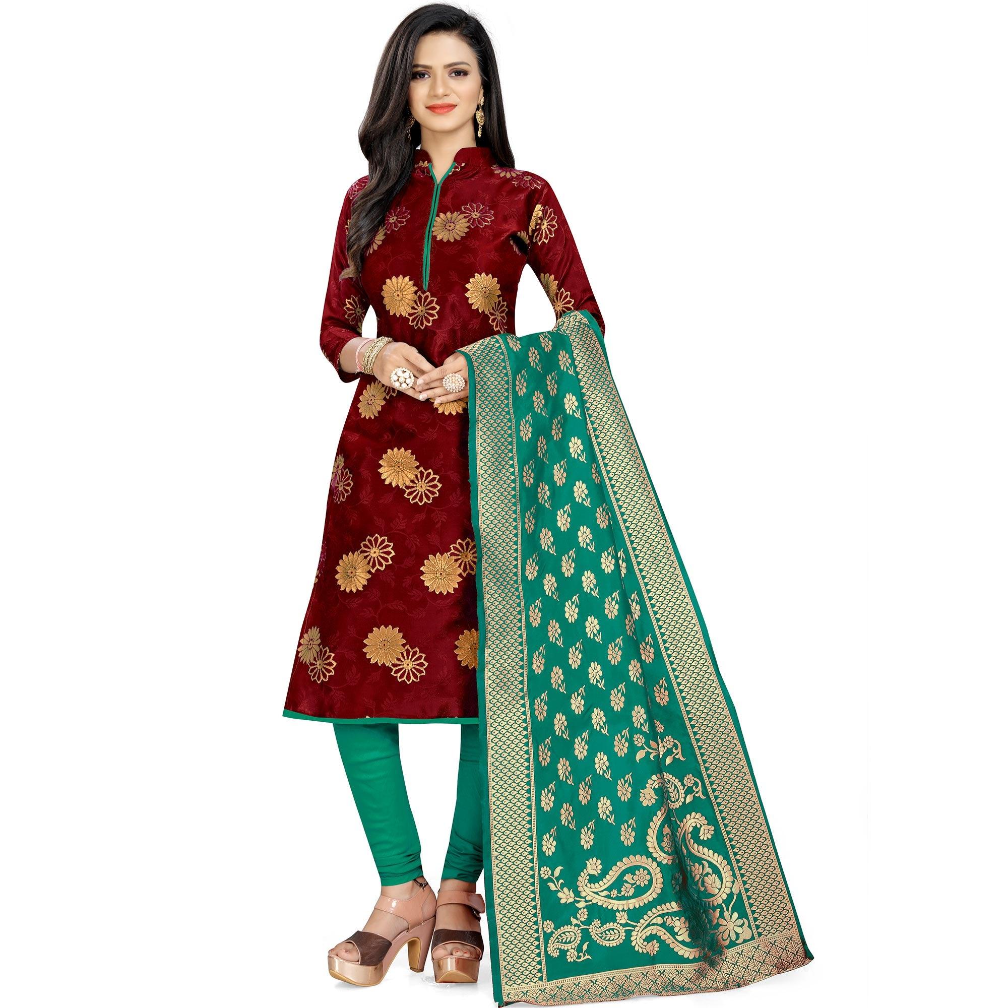 Exotic Maroon Colored Party Wear Woven Banarasi Silk Dress Material - Peachmode