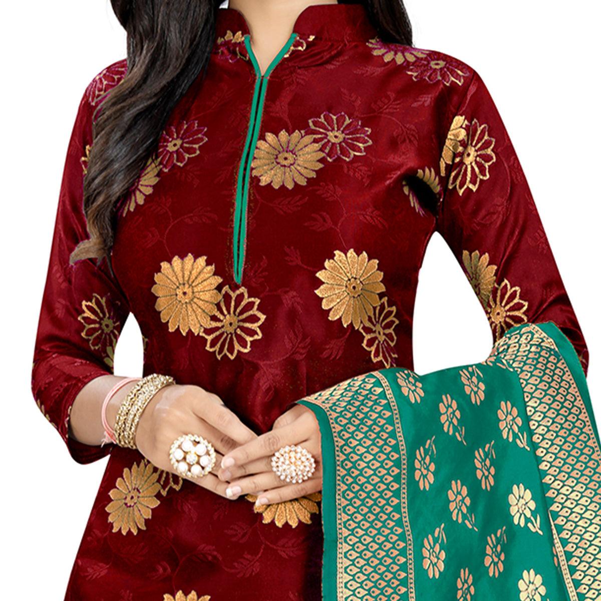 Exotic Maroon Colored Party Wear Woven Banarasi Silk Dress Material - Peachmode