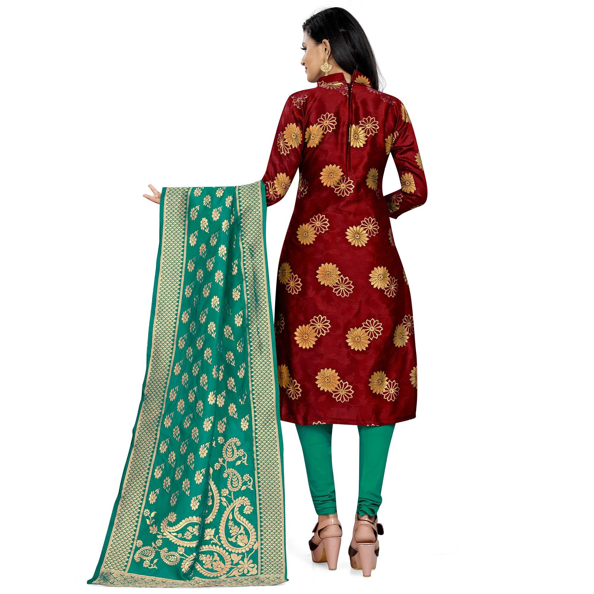 Exotic Maroon Colored Party Wear Woven Banarasi Silk Dress Material - Peachmode