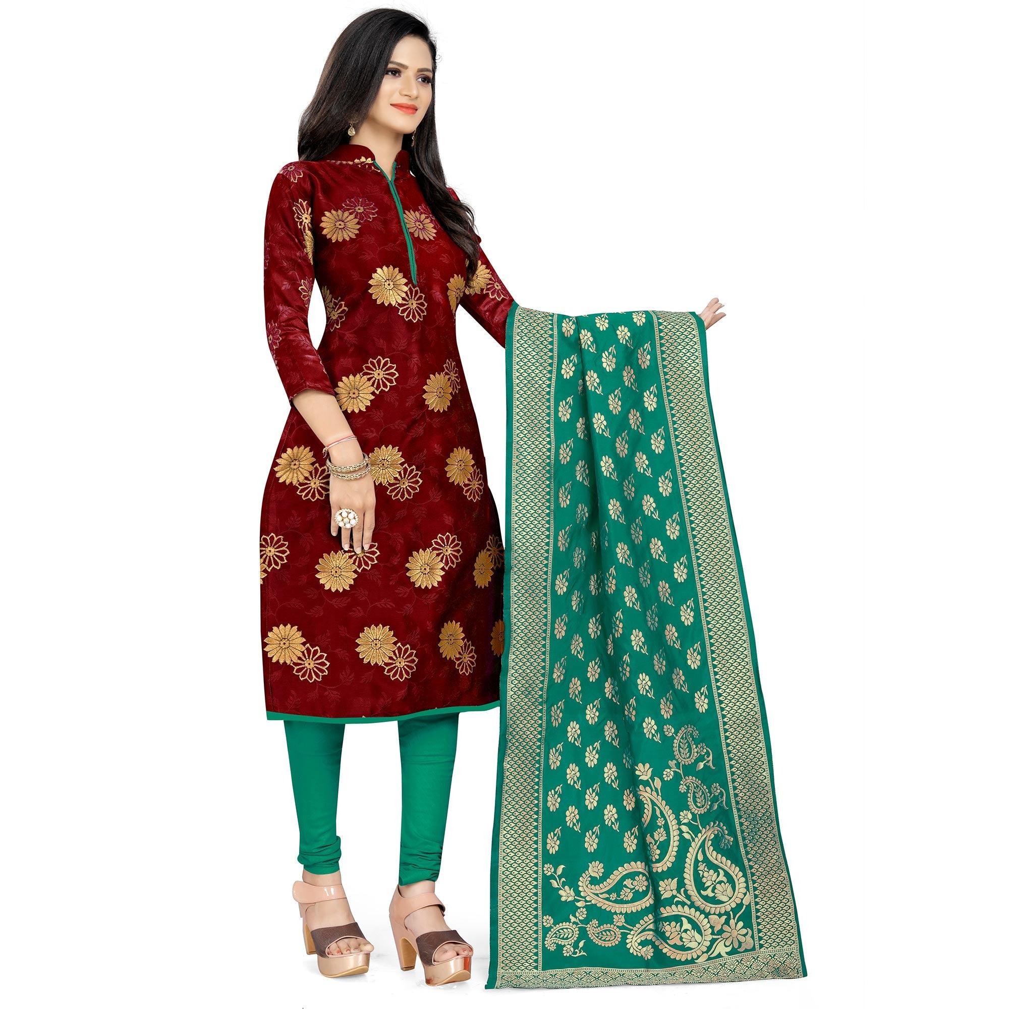 Exotic Maroon Colored Party Wear Woven Banarasi Silk Dress Material - Peachmode