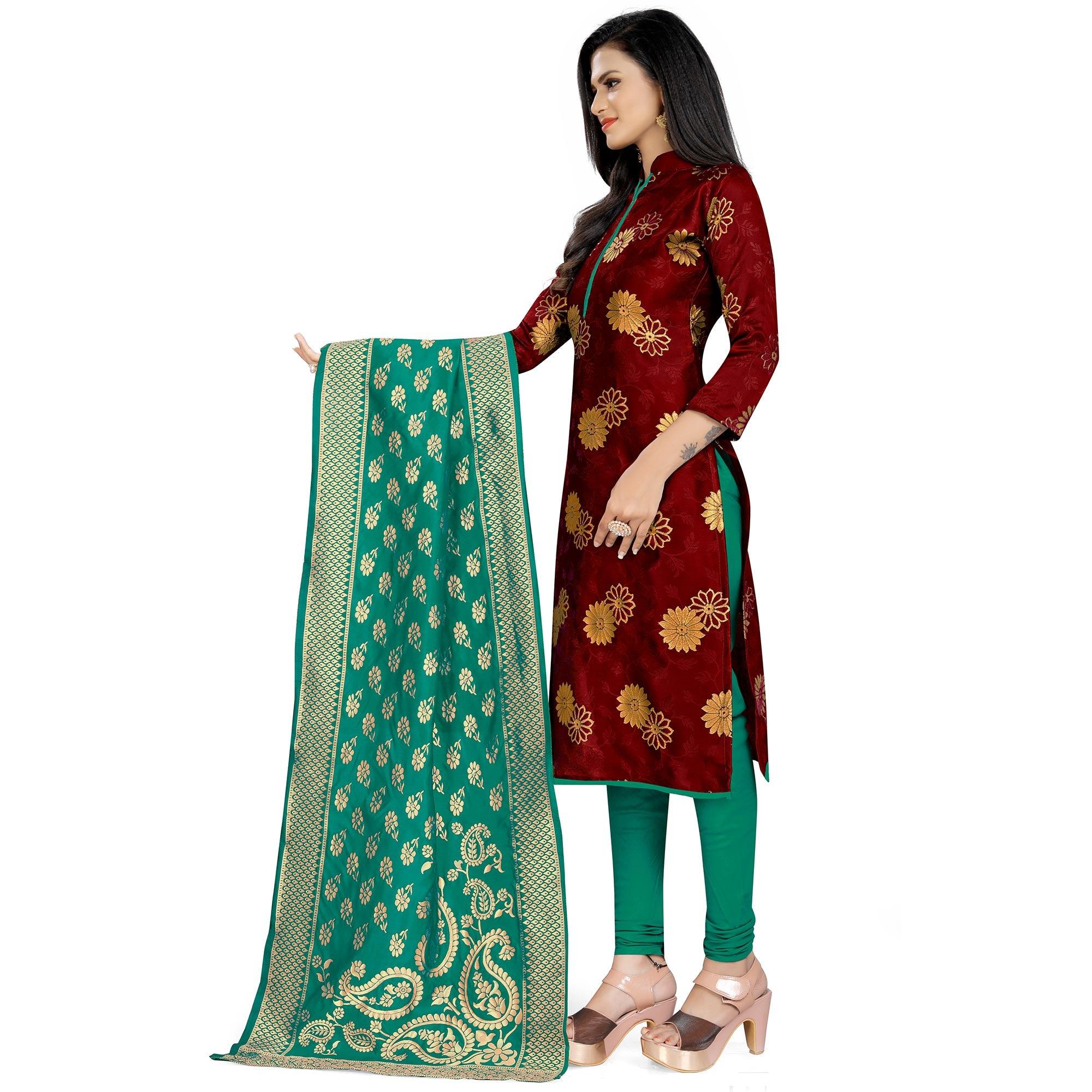 Exotic Maroon Colored Party Wear Woven Banarasi Silk Dress Material - Peachmode