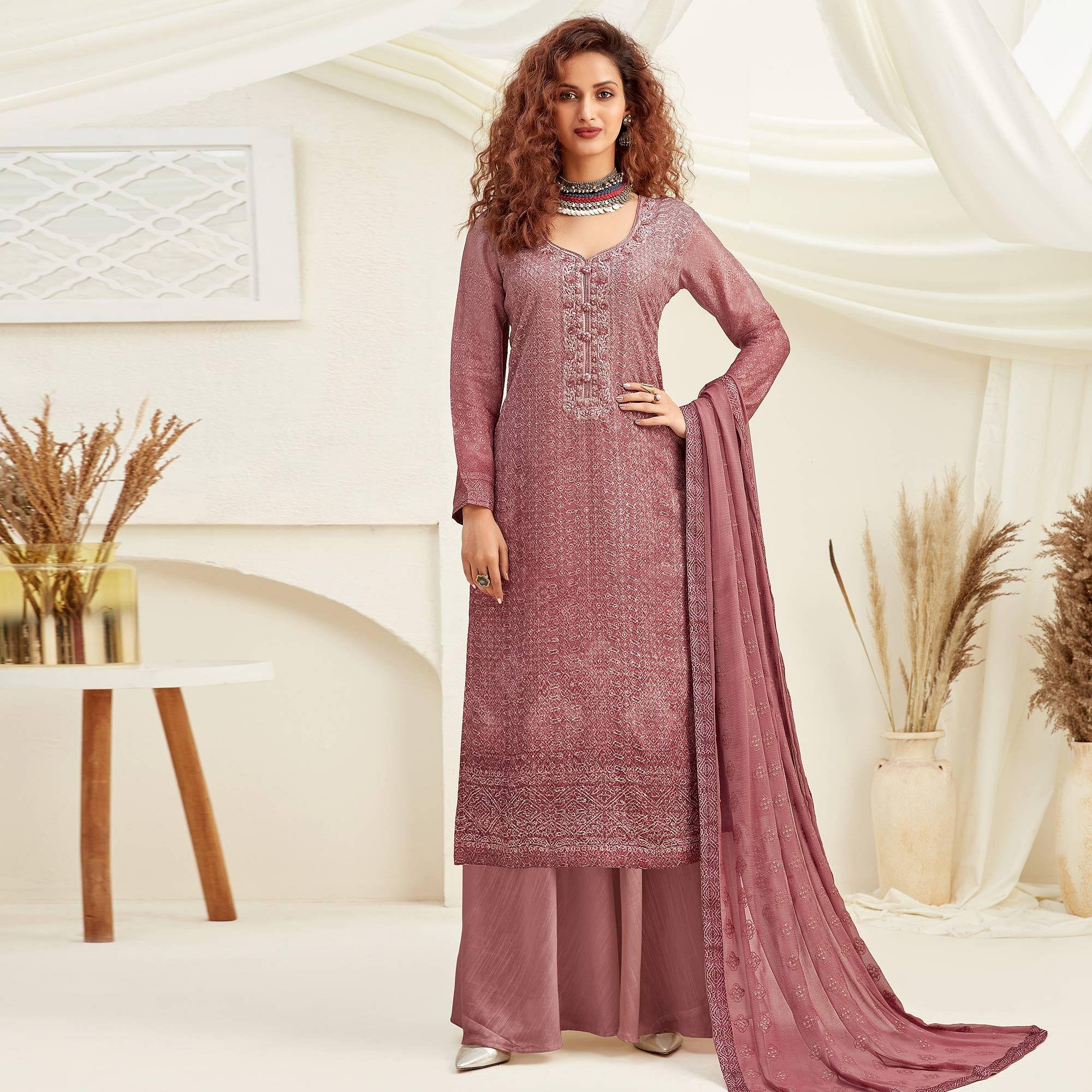 Exotic Mauve Colored Embroidered With Digital Printed Partywear Pure Viscose Chinnon Chiffon Palazzo Suit - Peachmode