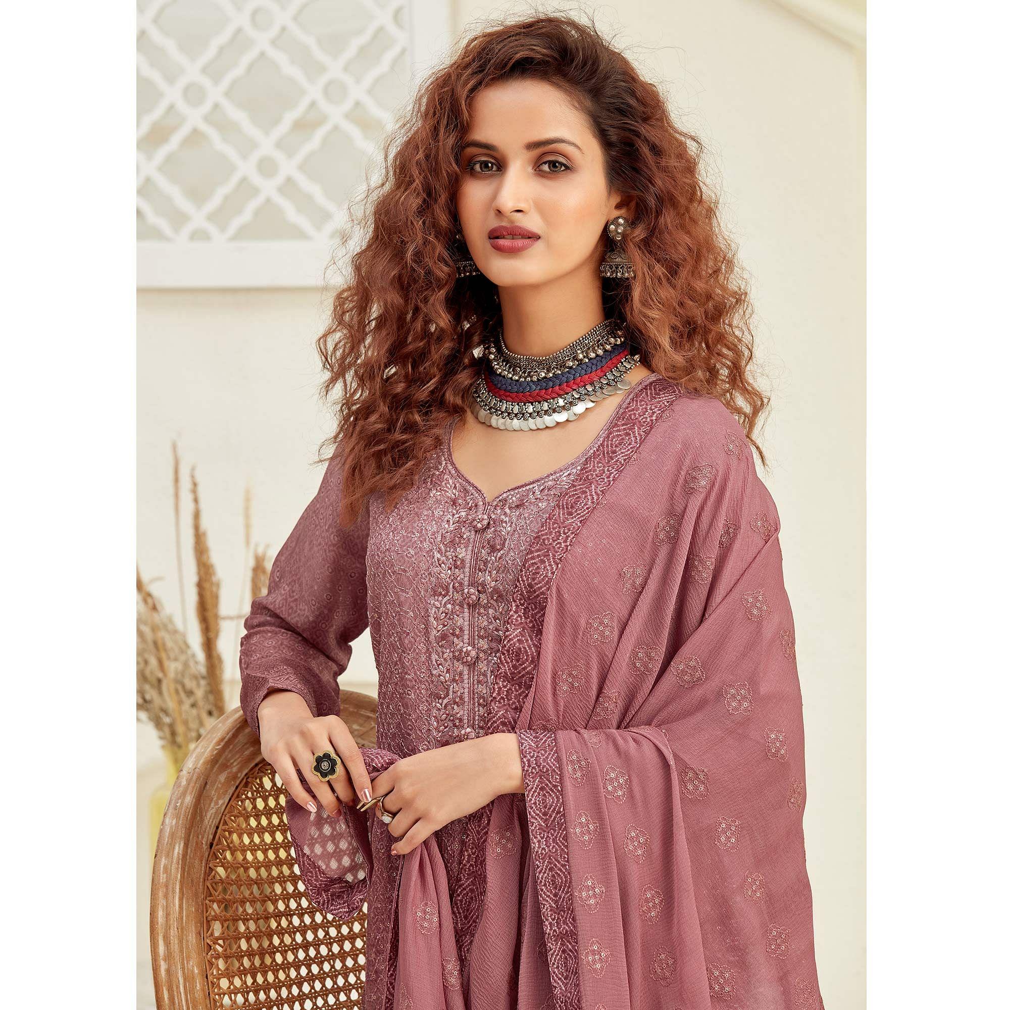 Exotic Mauve Colored Embroidered With Digital Printed Partywear Pure Viscose Chinnon Chiffon Palazzo Suit - Peachmode