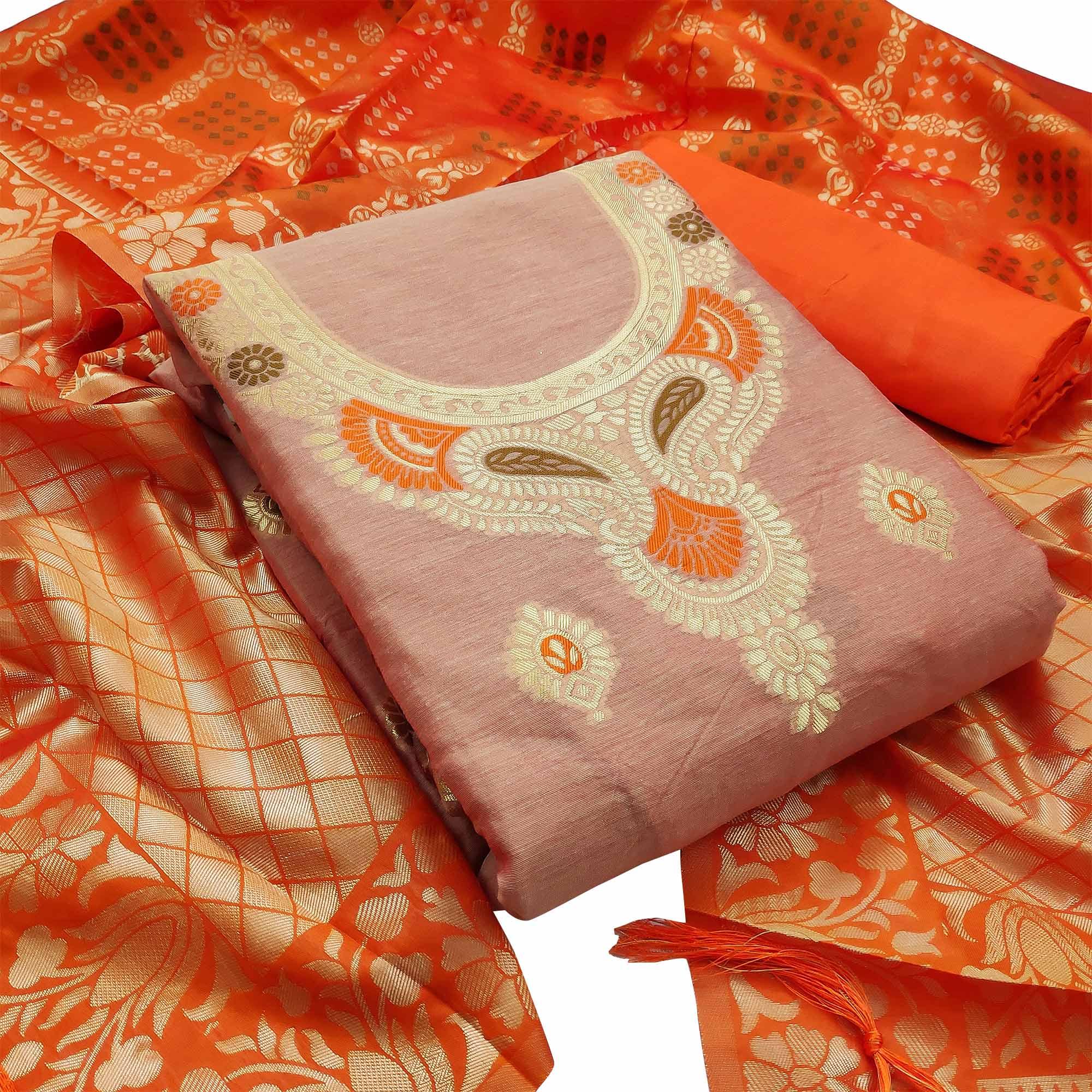 Exotic Mauve Colored Festive Wear Woven Banarasi Silk Dress Material - Peachmode