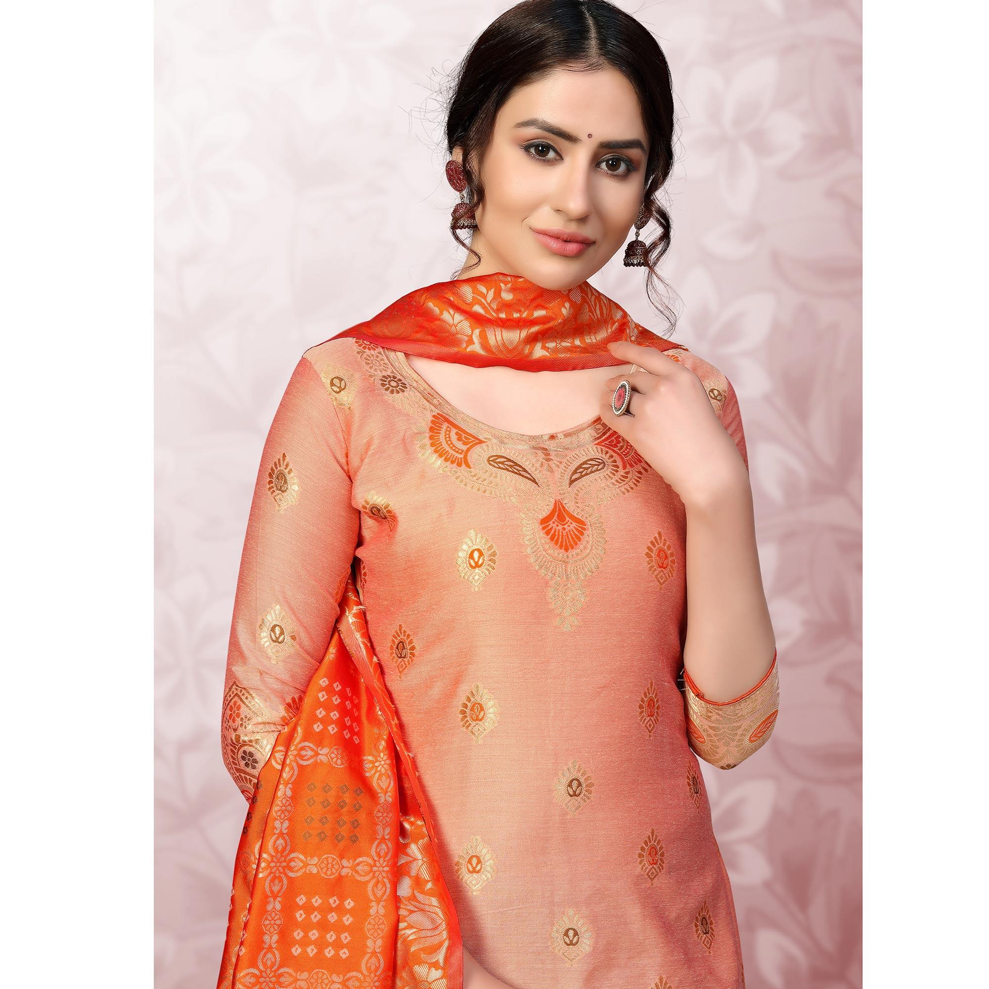 Exotic Mauve Colored Festive Wear Woven Banarasi Silk Dress Material - Peachmode