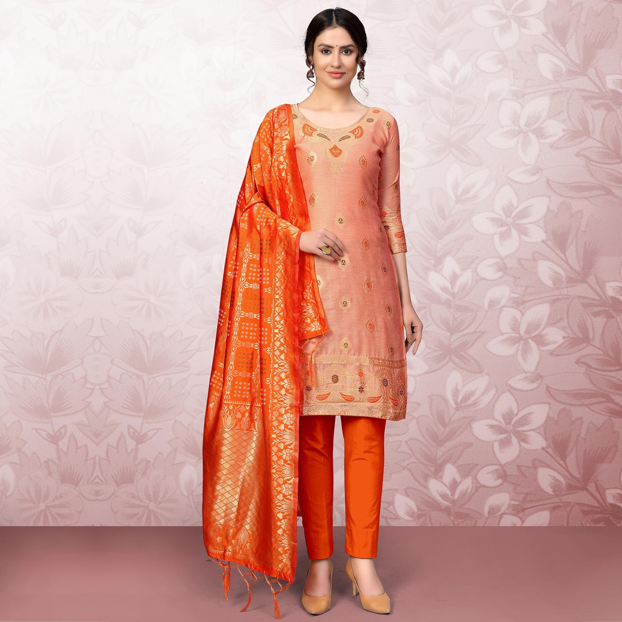 Exotic Mauve Colored Festive Wear Woven Banarasi Silk Dress Material - Peachmode