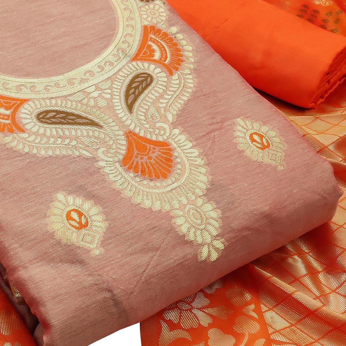 Exotic Mauve Colored Festive Wear Woven Banarasi Silk Dress Material - Peachmode
