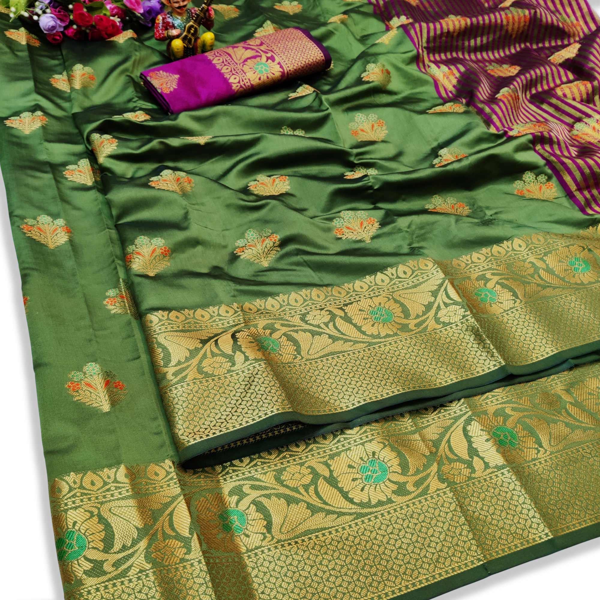 Exotic Mehendi Green Colored Festive Wear Woven Lichi Silk Saree - Peachmode