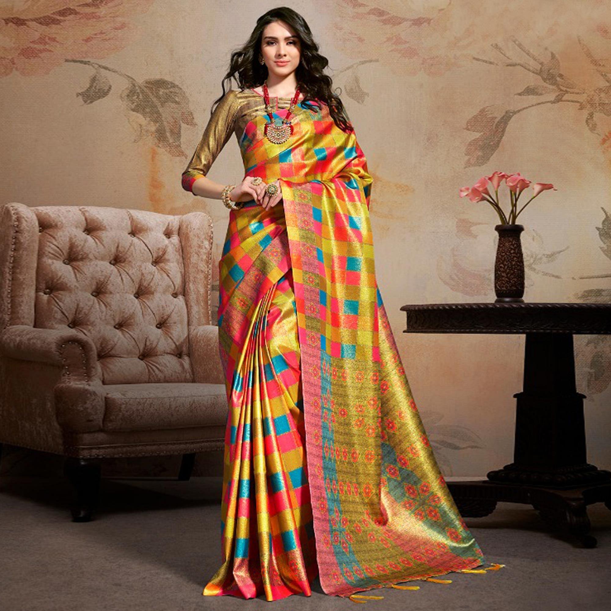 Exotic Multi Colored Festive Wear Printed Silk Blend Saree With Tassels - Peachmode