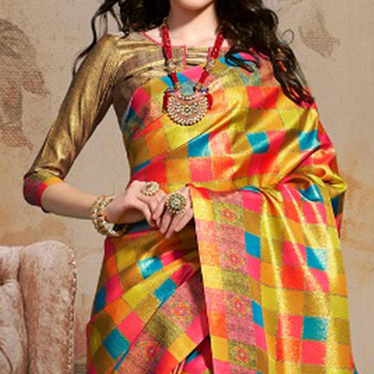 Exotic Multi Colored Festive Wear Printed Silk Blend Saree With Tassels - Peachmode