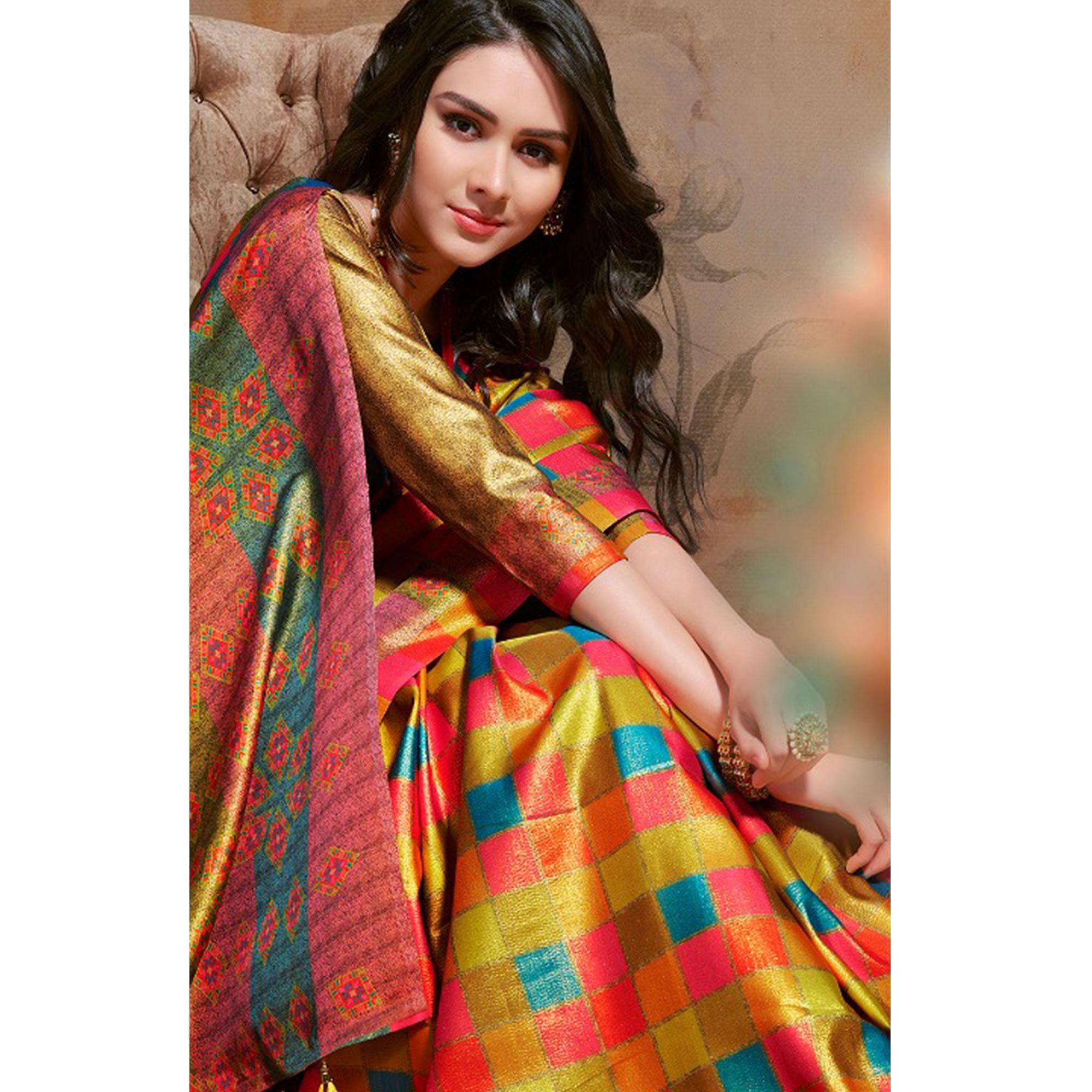 Exotic Multi Colored Festive Wear Printed Silk Blend Saree With Tassels - Peachmode