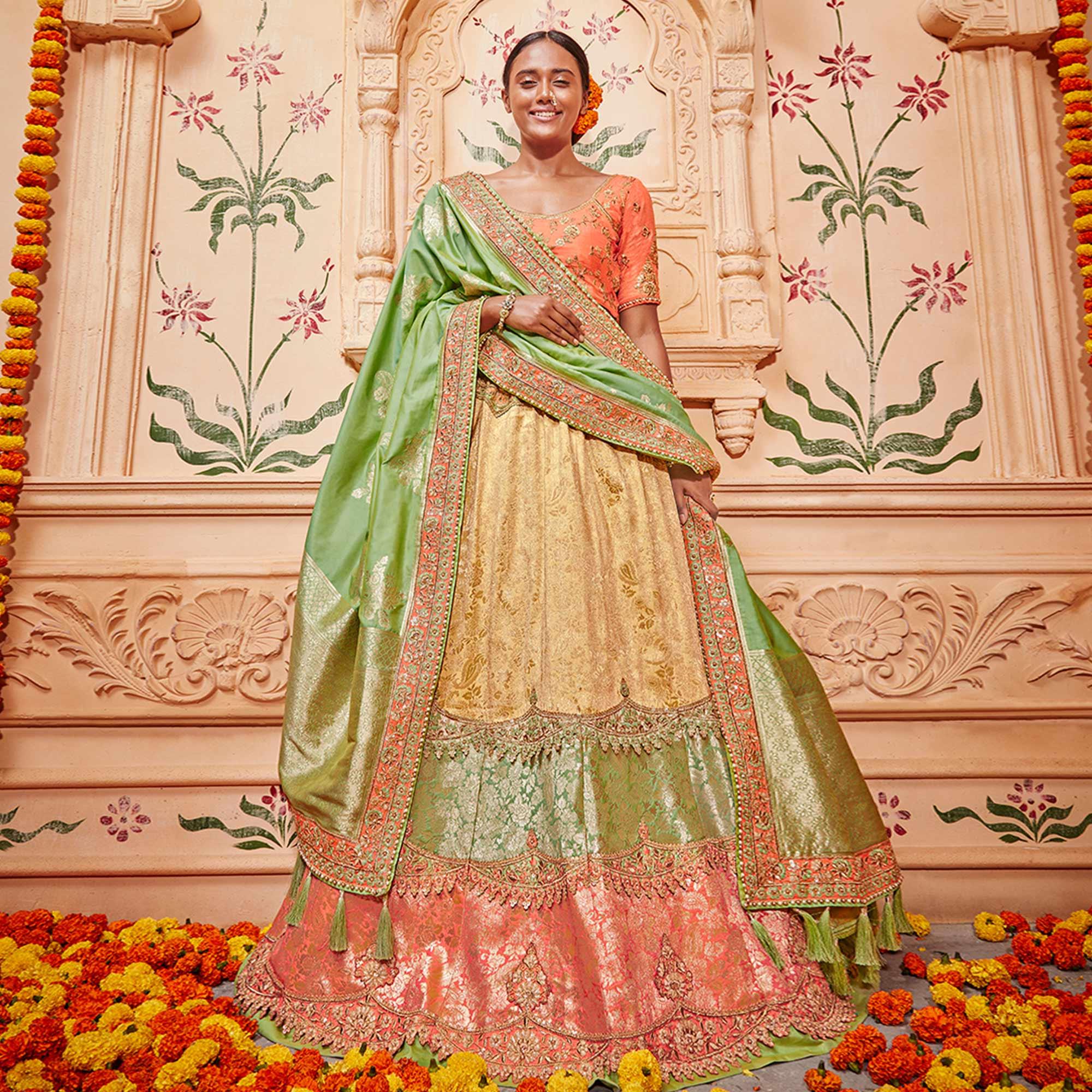 Exotic Multicolored Wedding Wear Pure Silk-Jacquard Lehenga Choli - Peachmode