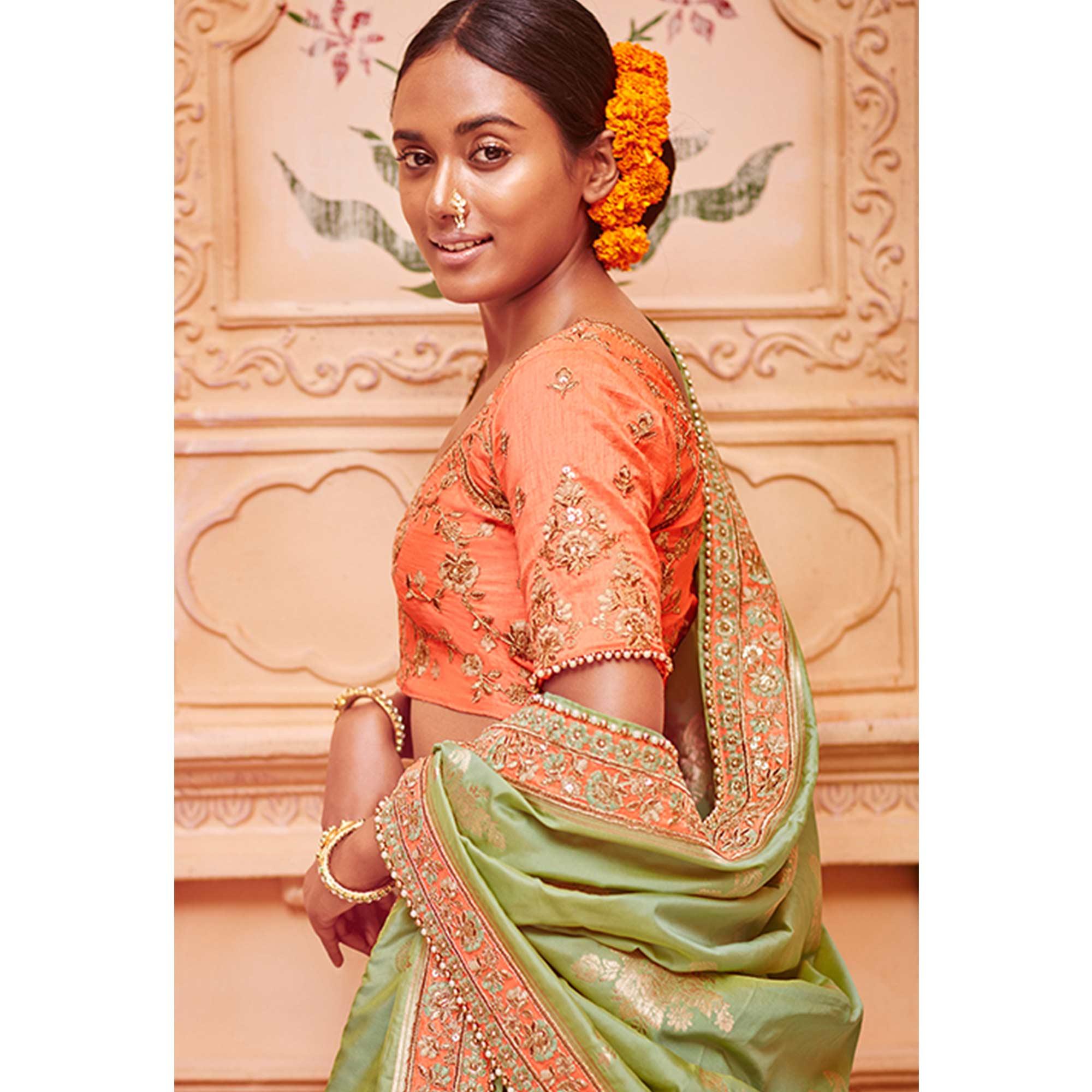 Exotic Multicolored Wedding Wear Pure Silk-Jacquard Lehenga Choli - Peachmode