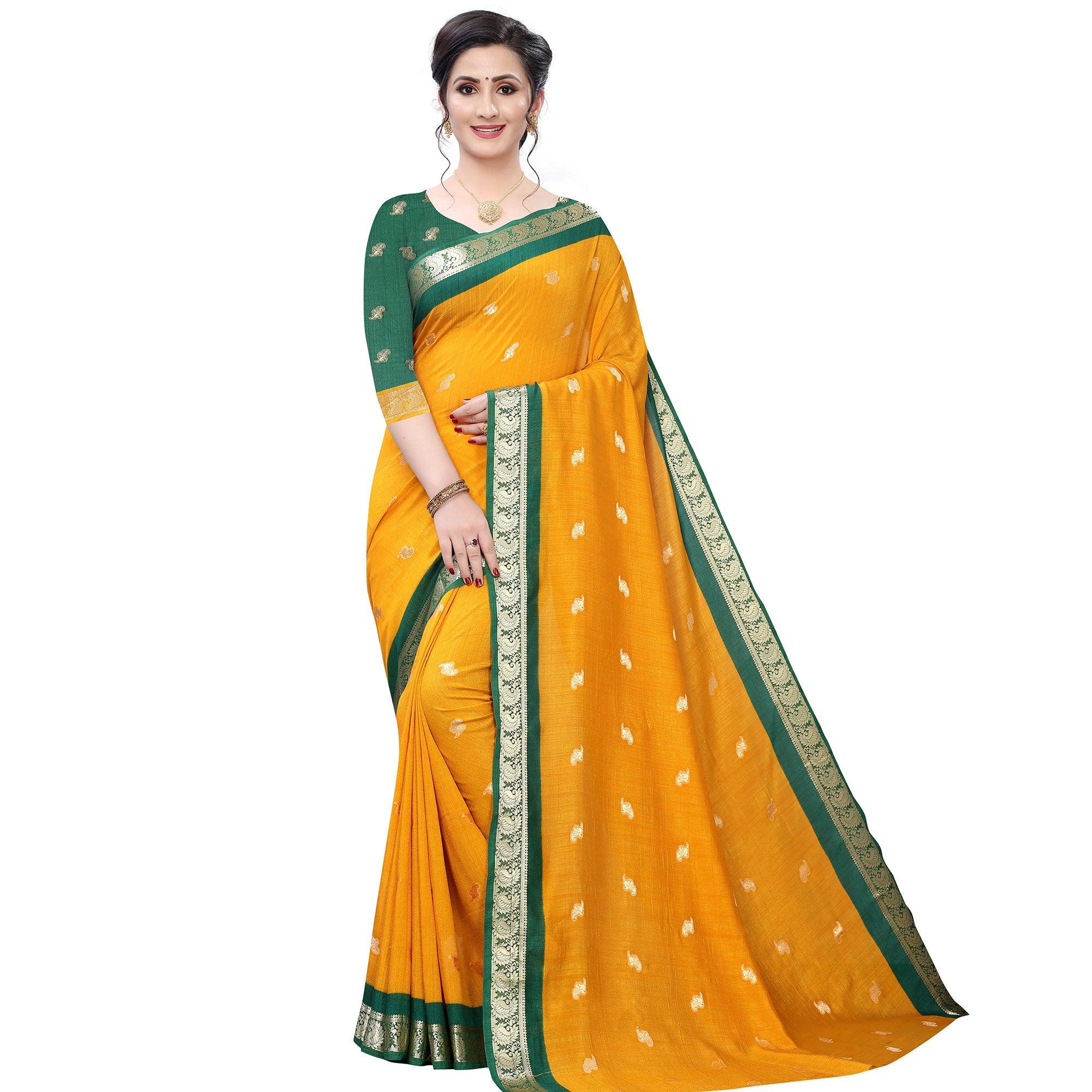 Exotic Mustard Yellow Colored Festive Wear Woven Vichitra Silk Saree - Peachmode