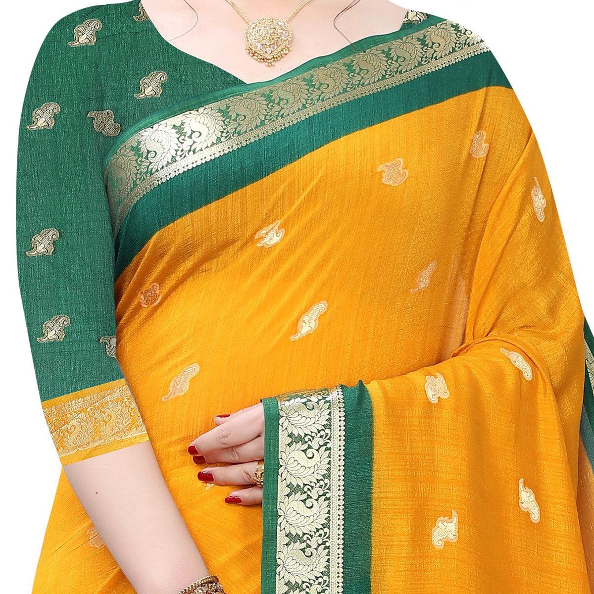 Exotic Mustard Yellow Colored Festive Wear Woven Vichitra Silk Saree - Peachmode