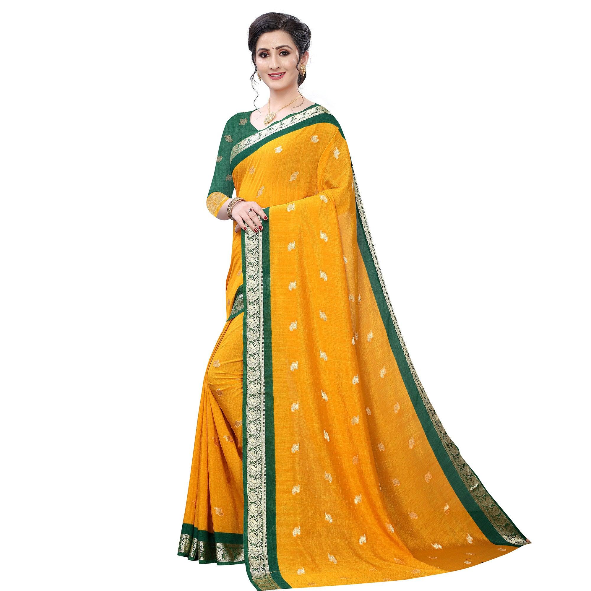 Exotic Mustard Yellow Colored Festive Wear Woven Vichitra Silk Saree - Peachmode