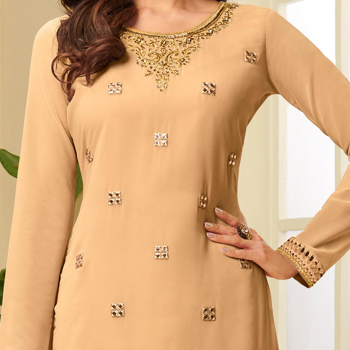 Exotic Mustard Yellow Coloured Partywear Gota Work Georgette Palazzo Suit - Peachmode