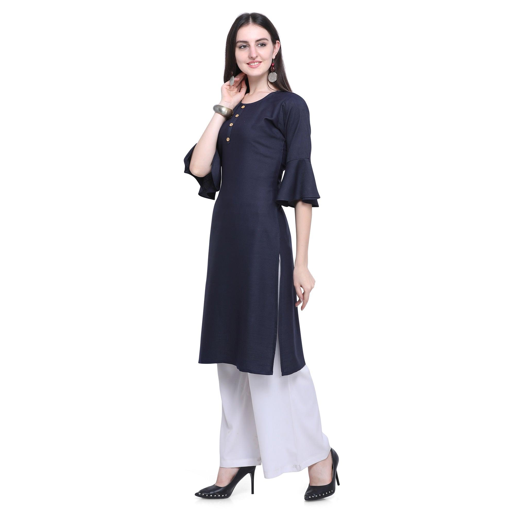 Exotic Navy Blue Colored Casual Wear Embroidered Rayon Kurti-Palazzo Set - Peachmode