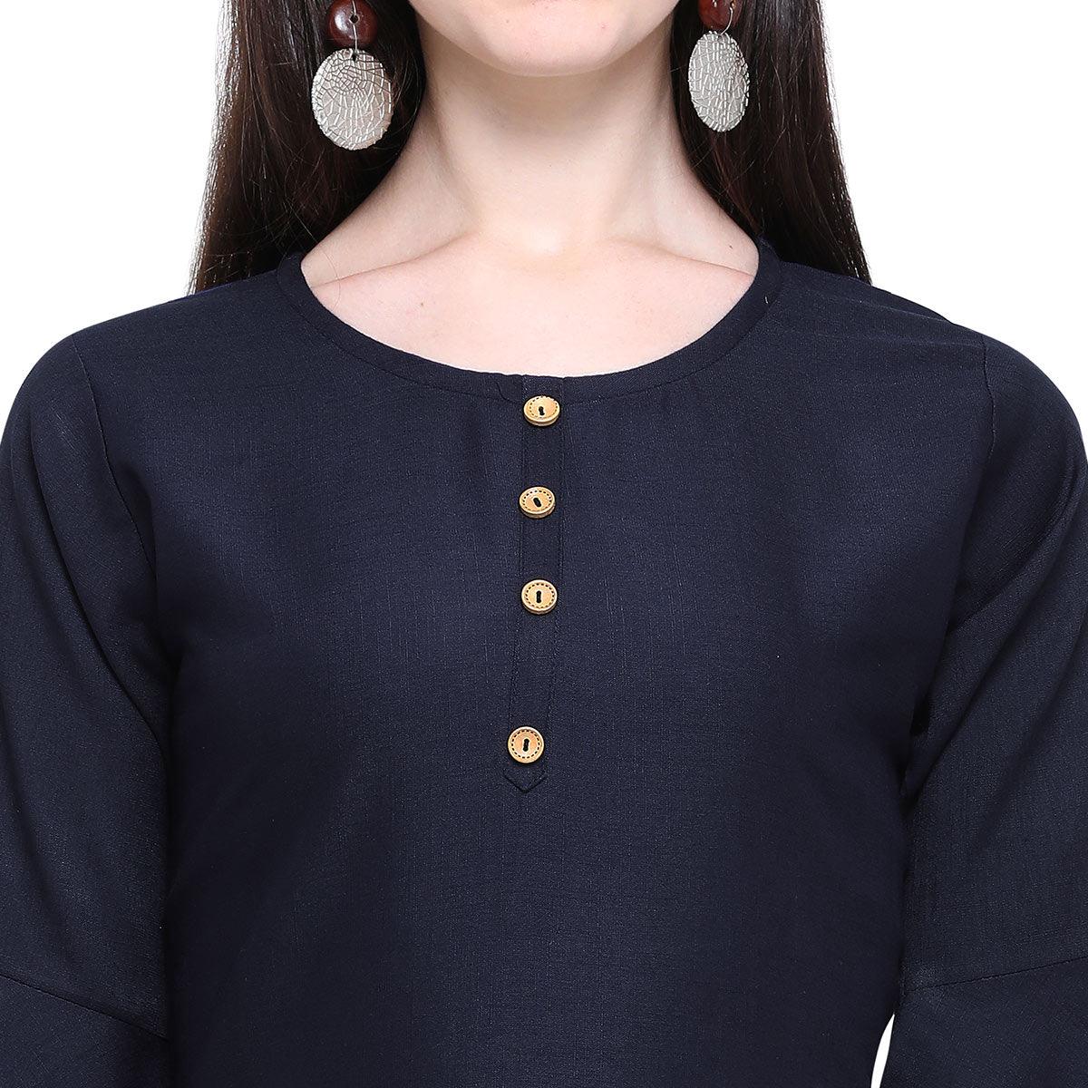 Exotic Navy Blue Colored Casual Wear Embroidered Rayon Kurti-Palazzo Set - Peachmode