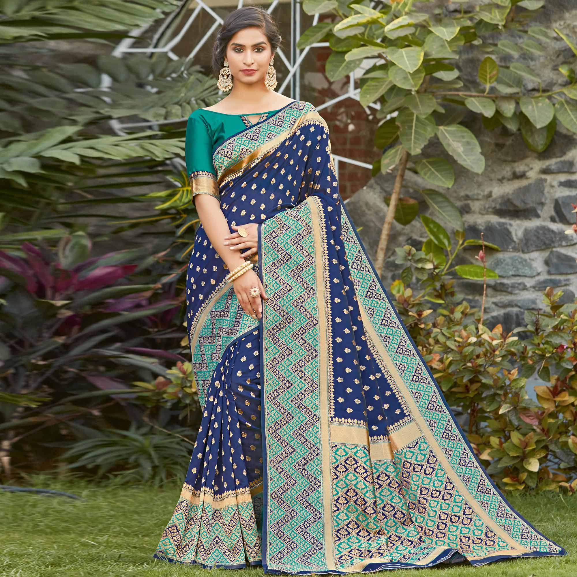 Exotic Navy Blue Colored Festive Wear Woven Silk Saree - Peachmode
