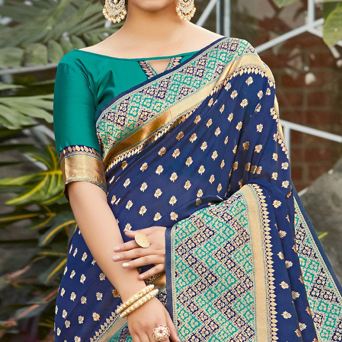Exotic Navy Blue Colored Festive Wear Woven Silk Saree - Peachmode