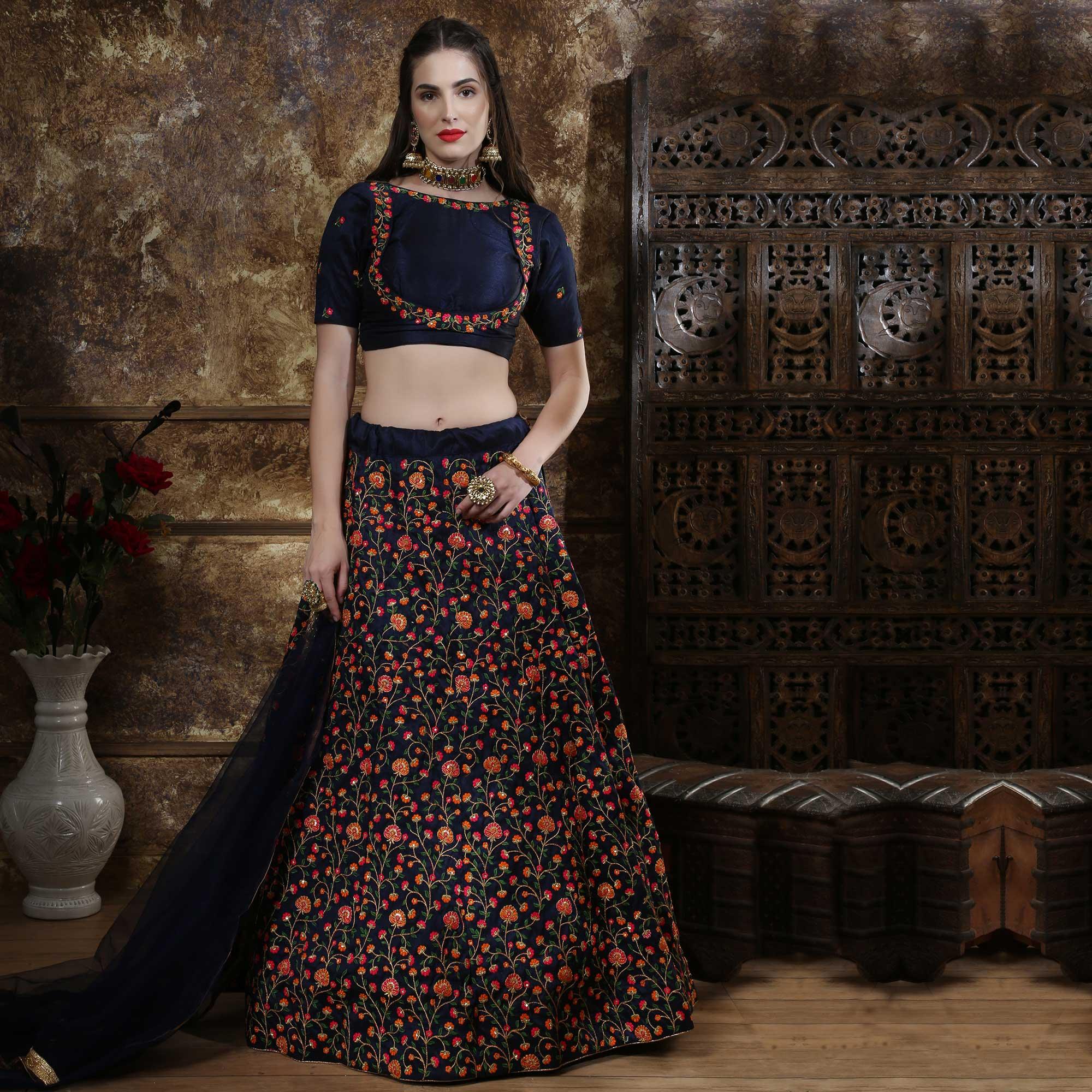 Exotic Navy Blue Colored Party Wear Floral Embroidered Silk Lehenga Choli - Peachmode