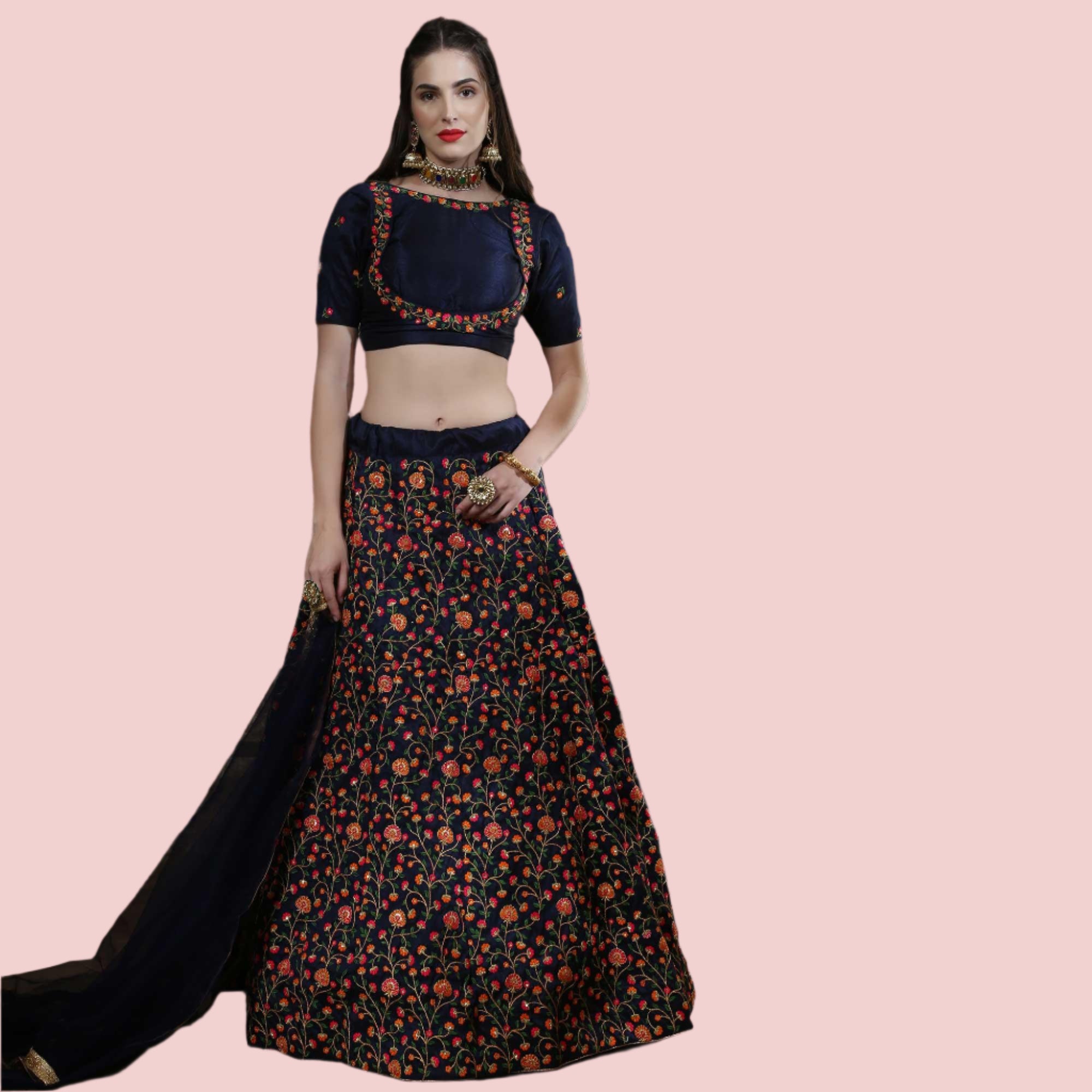 Exotic Navy Blue Colored Party Wear Floral Embroidered Silk Lehenga Choli - Peachmode