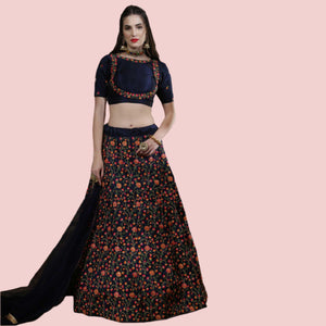 Exotic Navy Blue Colored Party Wear Floral Embroidered Silk Lehenga Choli - Peachmode