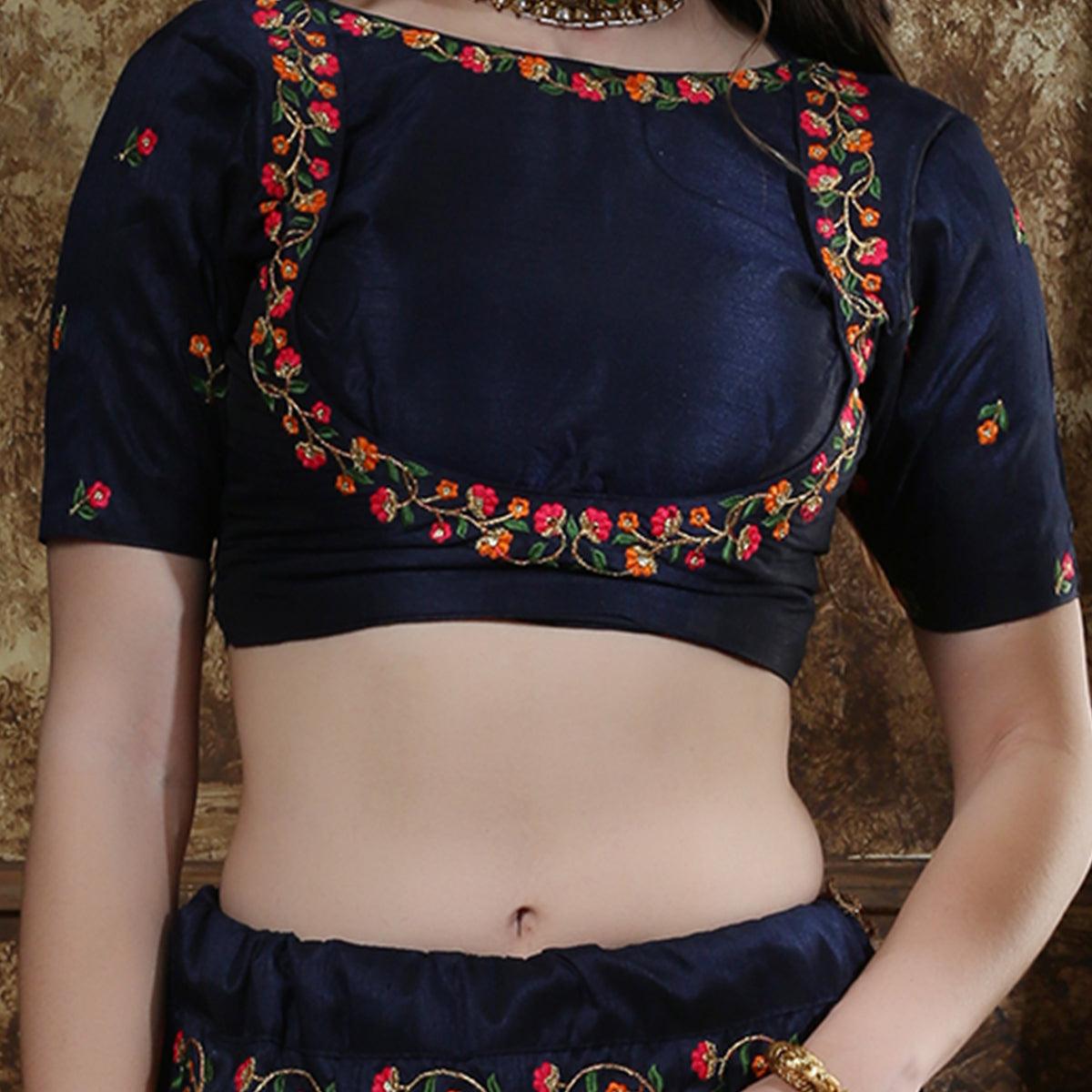 Exotic Navy Blue Colored Party Wear Floral Embroidered Silk Lehenga Choli - Peachmode