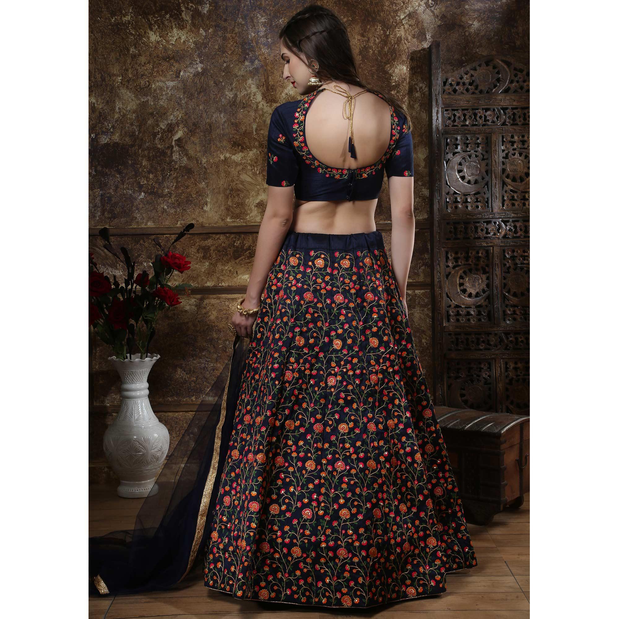 Exotic Navy Blue Colored Party Wear Floral Embroidered Silk Lehenga Choli - Peachmode