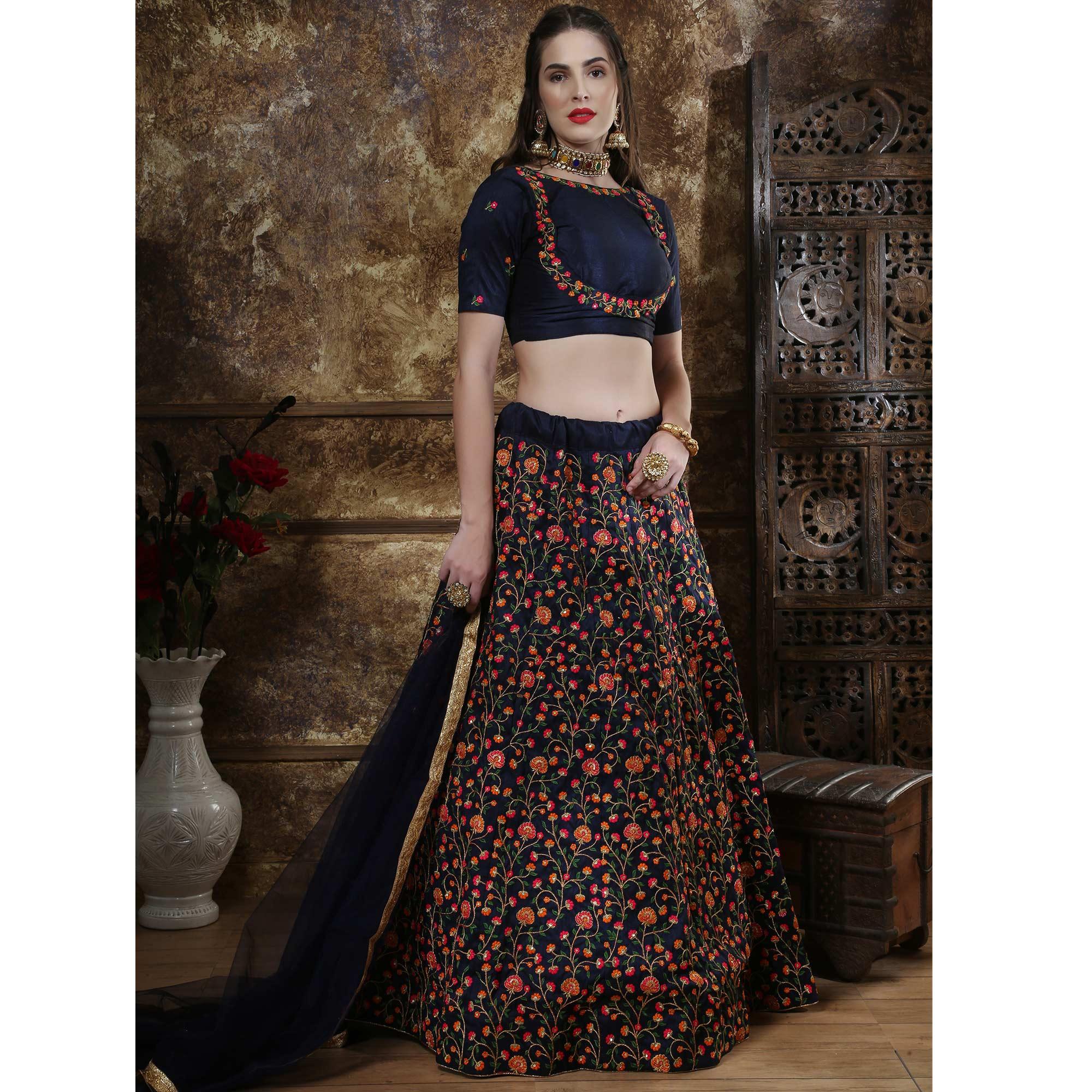 Exotic Navy Blue Colored Party Wear Floral Embroidered Silk Lehenga Choli - Peachmode