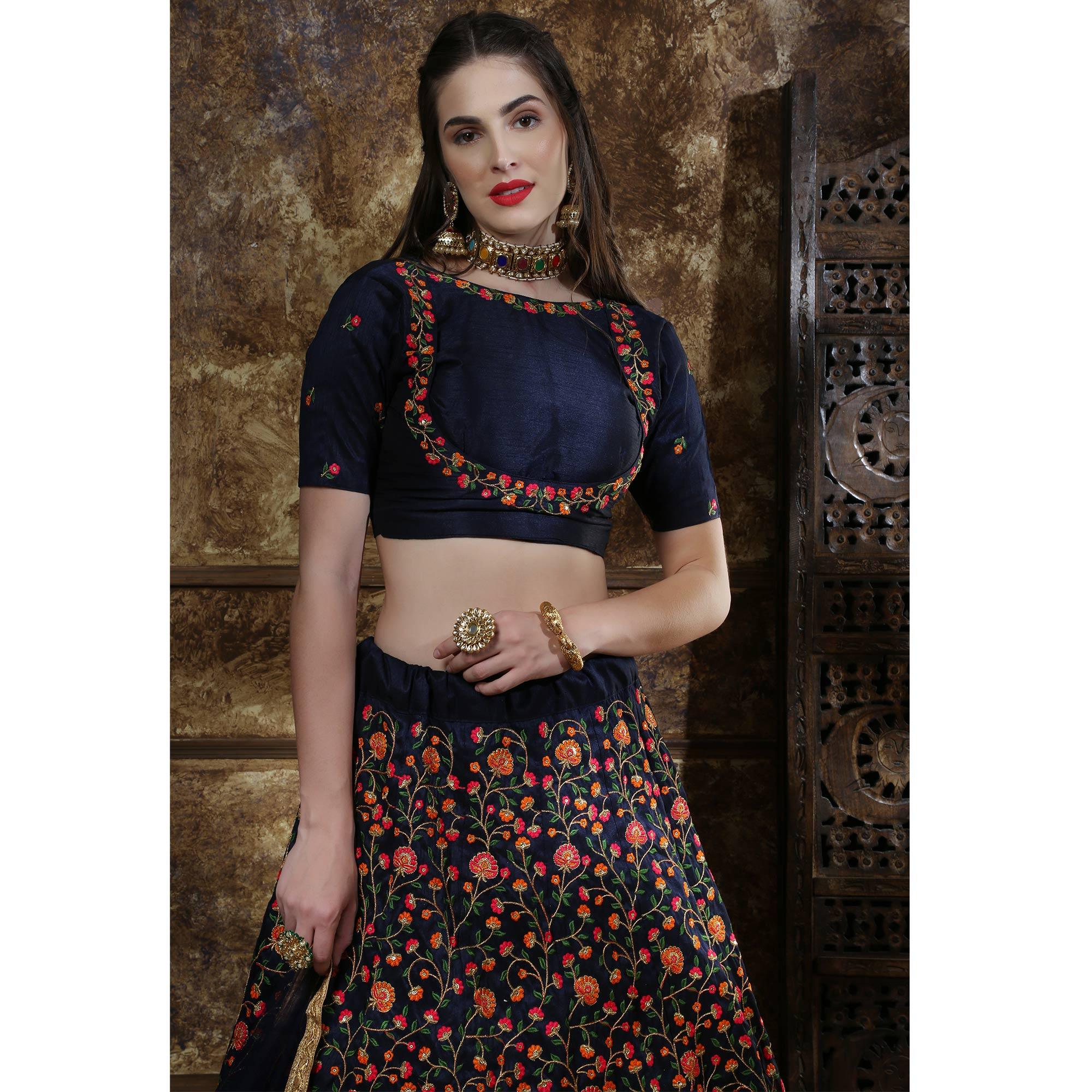 Exotic Navy Blue Colored Party Wear Floral Embroidered Silk Lehenga Choli - Peachmode
