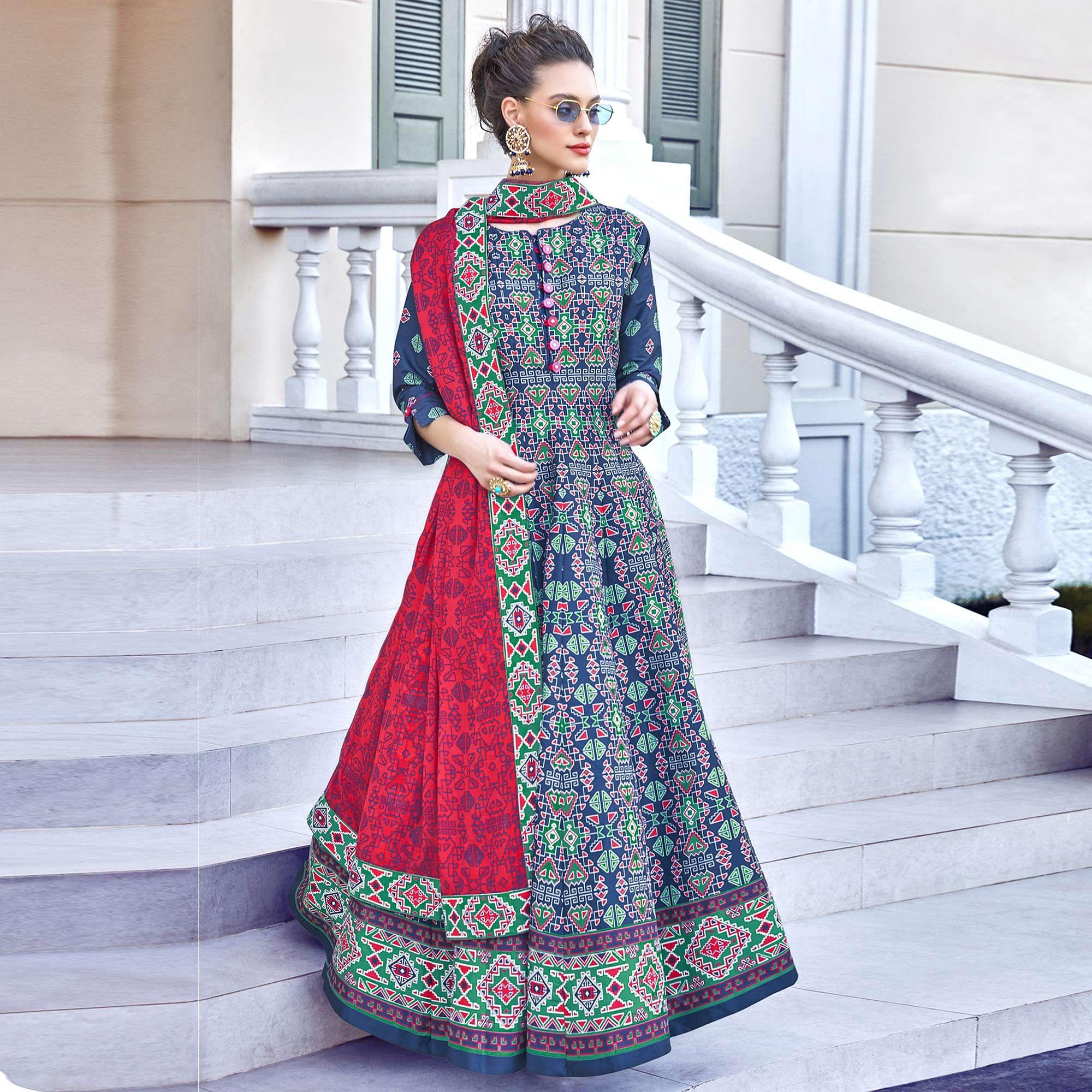 Exotic Navy Blue Colored Partywear Designer Digital Patola Print Killer Silk Anarkali Suit - Peachmode