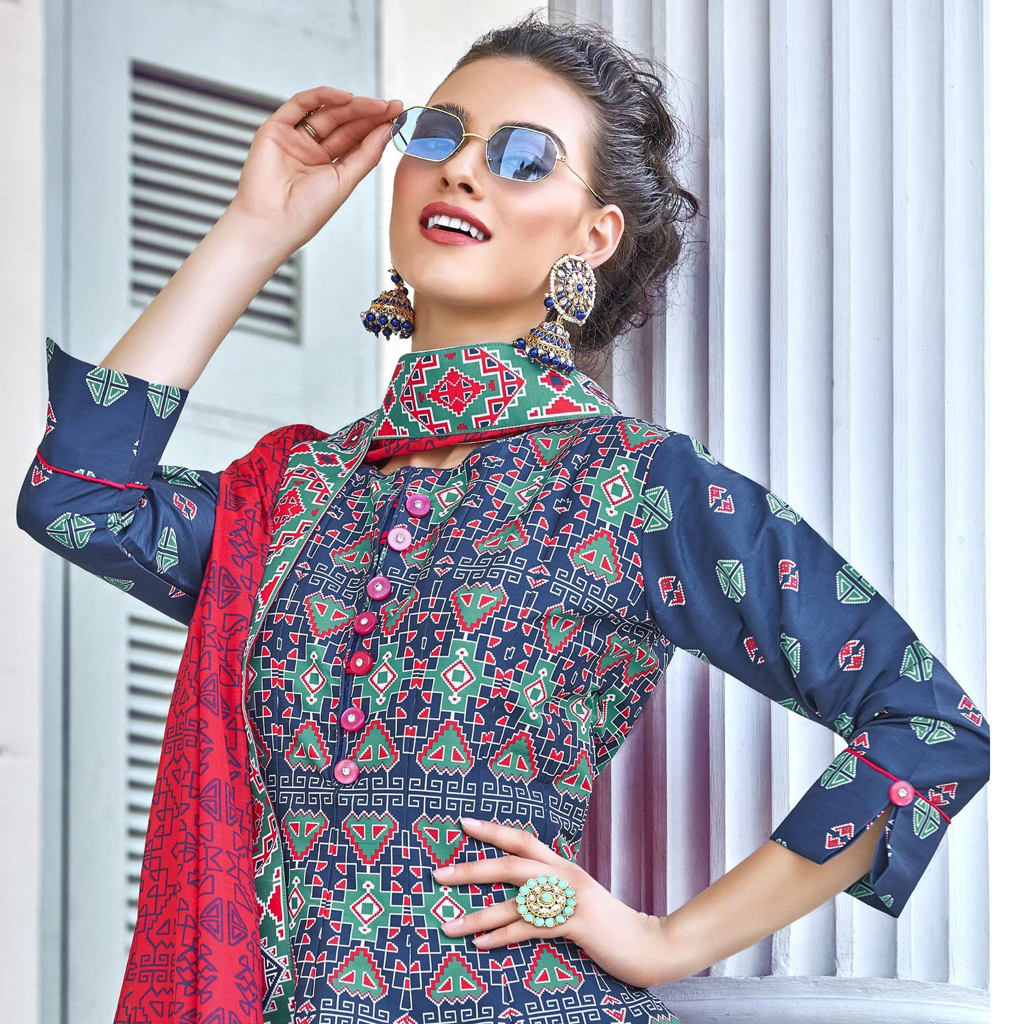 Exotic Navy Blue Colored Partywear Designer Digital Patola Print Killer Silk Anarkali Suit - Peachmode