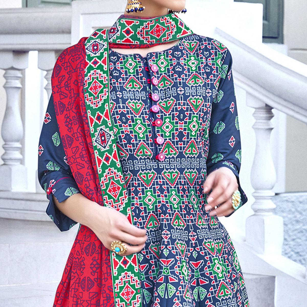 Exotic Navy Blue Colored Partywear Designer Digital Patola Print Killer Silk Anarkali Suit - Peachmode