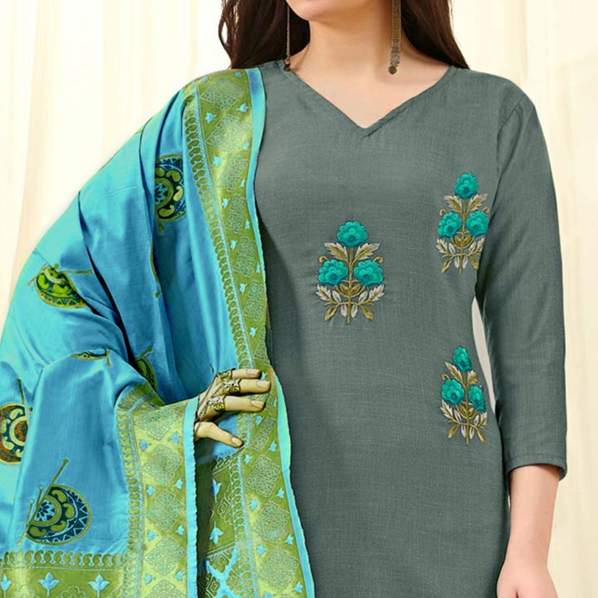 Exotic Olive Green Colored Casual Wear Embroidered Cotton Dress Material With Banarasi Silk Dupatta - Peachmode